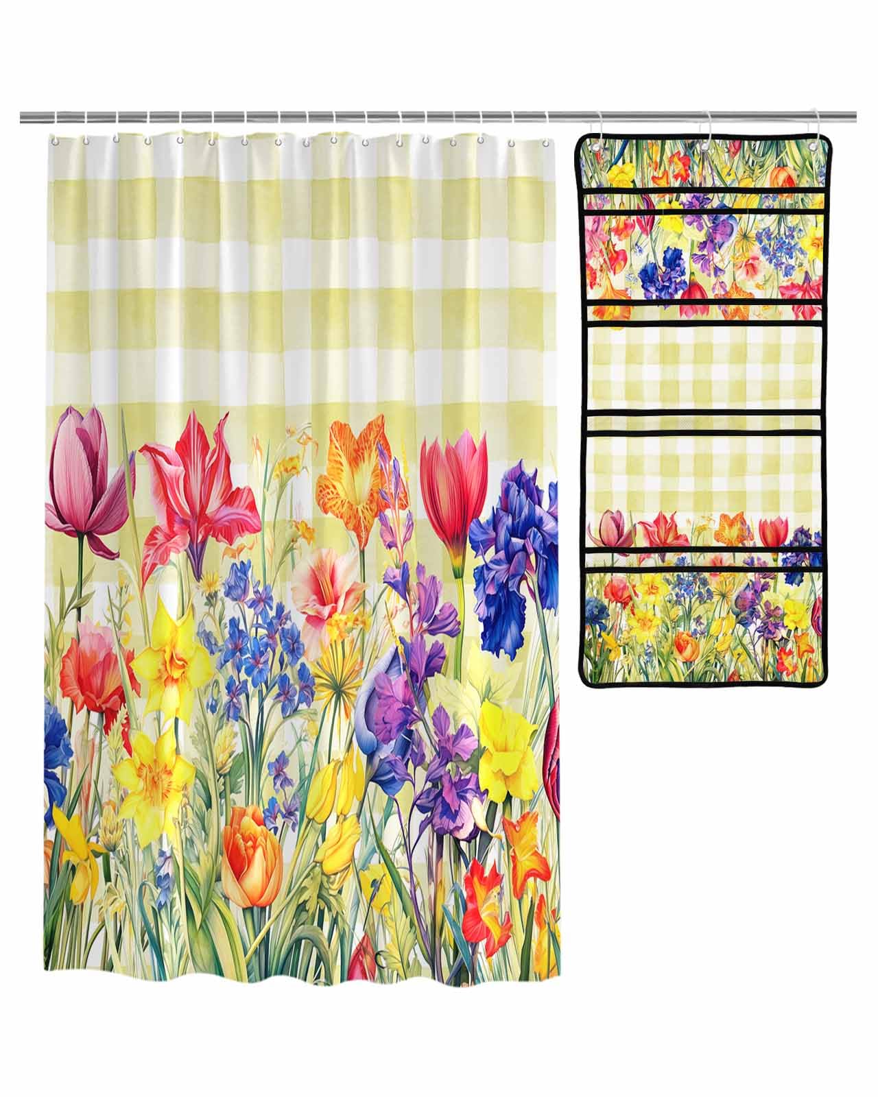 Floral Shower Curtain Mesh Shower Organizer Hanging Set Spring Watercolor Tulip Flowers Yellow Plaid Waterproof Shower Curtains with