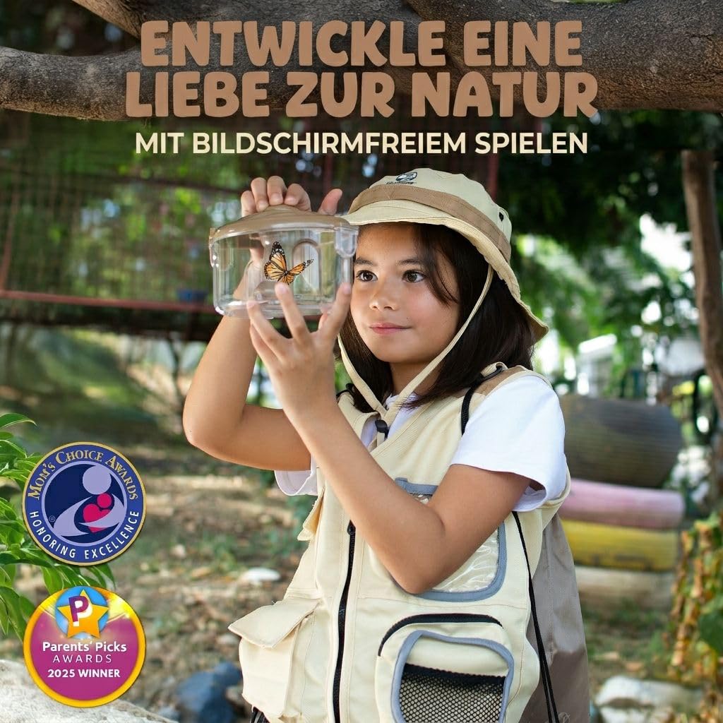 Entdecker Set Für Kinder ab 4 - Forscherset Für Kinder mit Safari Kostüm, Fernglas, Becherlupe & Mehr - Pfadfinder Ausrüstung - Outdoor Spielzeug für Jungen Mädchen 3-7 Jahre (Medium)
