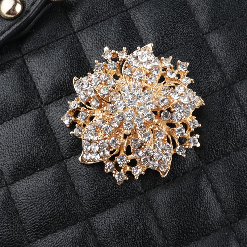Image of Wedding Bridal Big Crystal Rhinestone Bouquet Brooch Pin for Women (gold flower)