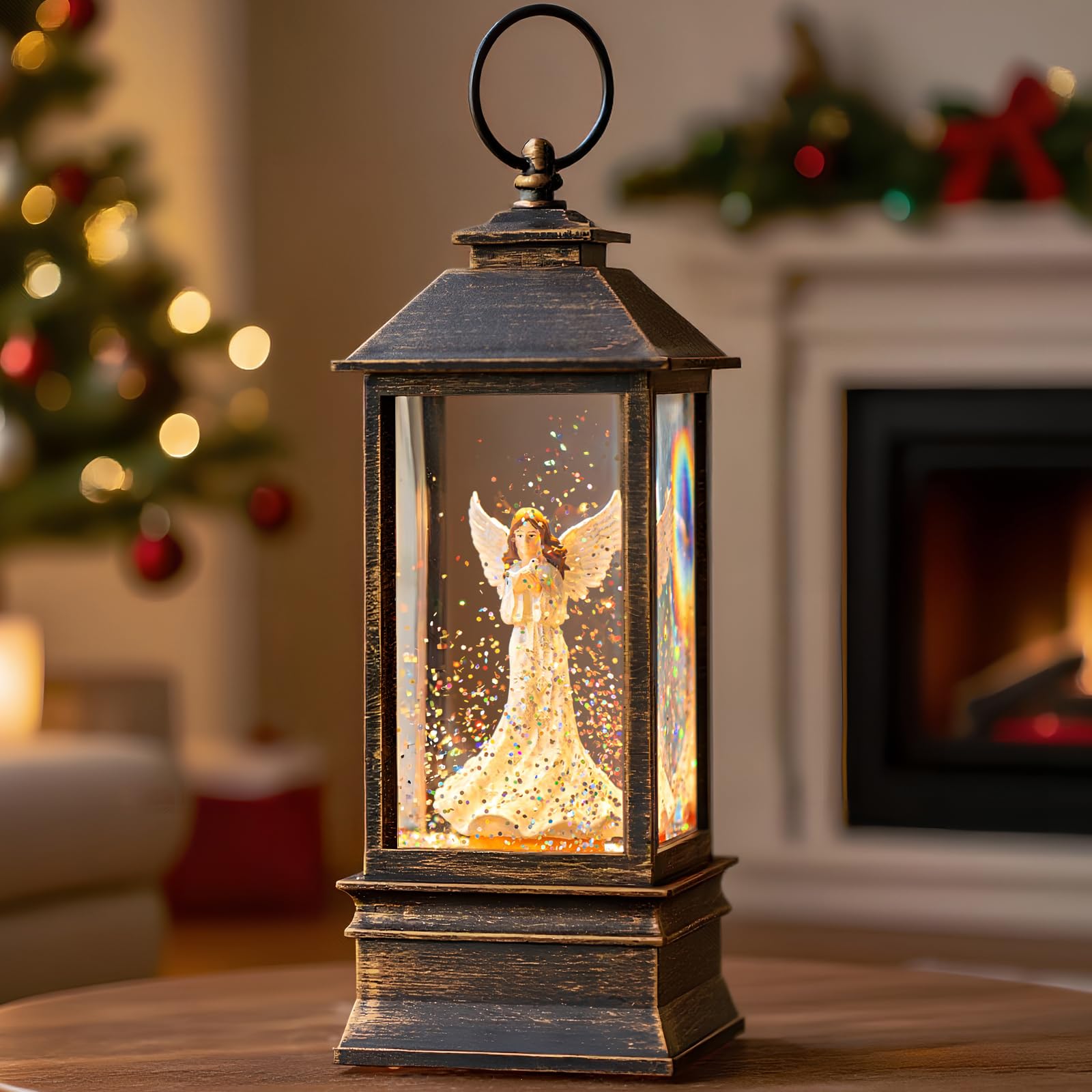 Christmas Snow Globe Lantern Water Glittering Angel with Dove, USB Lined/Battery Operated Lighted Lantern for Christmas Festival Decoration Gifts