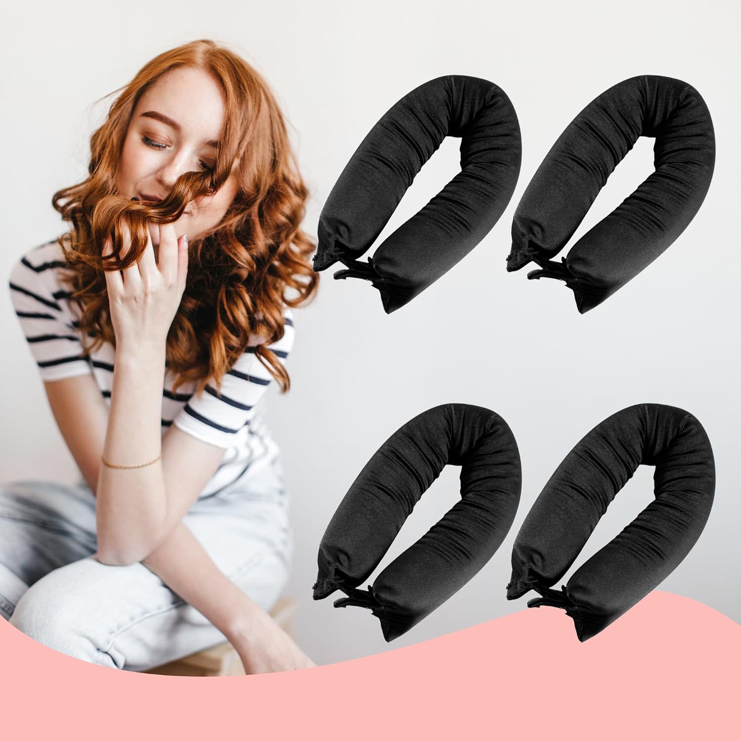 Heatless Hair Curlers Set, 4 Pack Silk Curling Rods, Overnight Hair Rollers for Natural Waves, Black