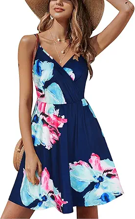 STYLEWORD Womens' 2023 V Neck Floral/Solid Spaghetti Strap Summer Casual Swing Sundress with Pocket