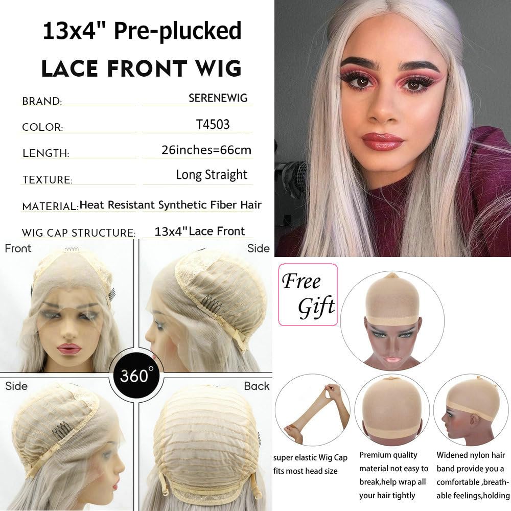 13x3" Pre Plucked Long Straight Colorful Wigs for Women Natural Looking Heat Resistant Fiber Synthetic Lace Front Wigs for Replacement/Party/Cosplay/Costume/Daily Use (Ash Blonde) - Image 4