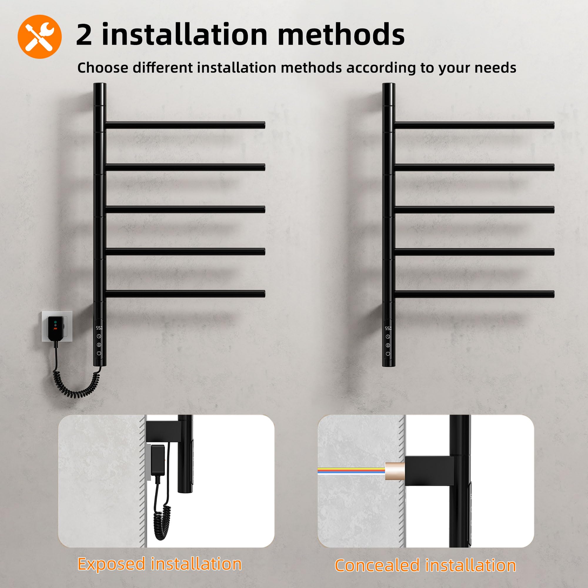 Radiador Toallero Eléctrico para Baño, Rotación de 180° Secatoallas eléctrico, 415 x 680mm, 85W, WiFi Negro Toallero Electrico Baño, Calentador Toallas, Secatoallas, Ahorro de energía-G63 WiFi Black