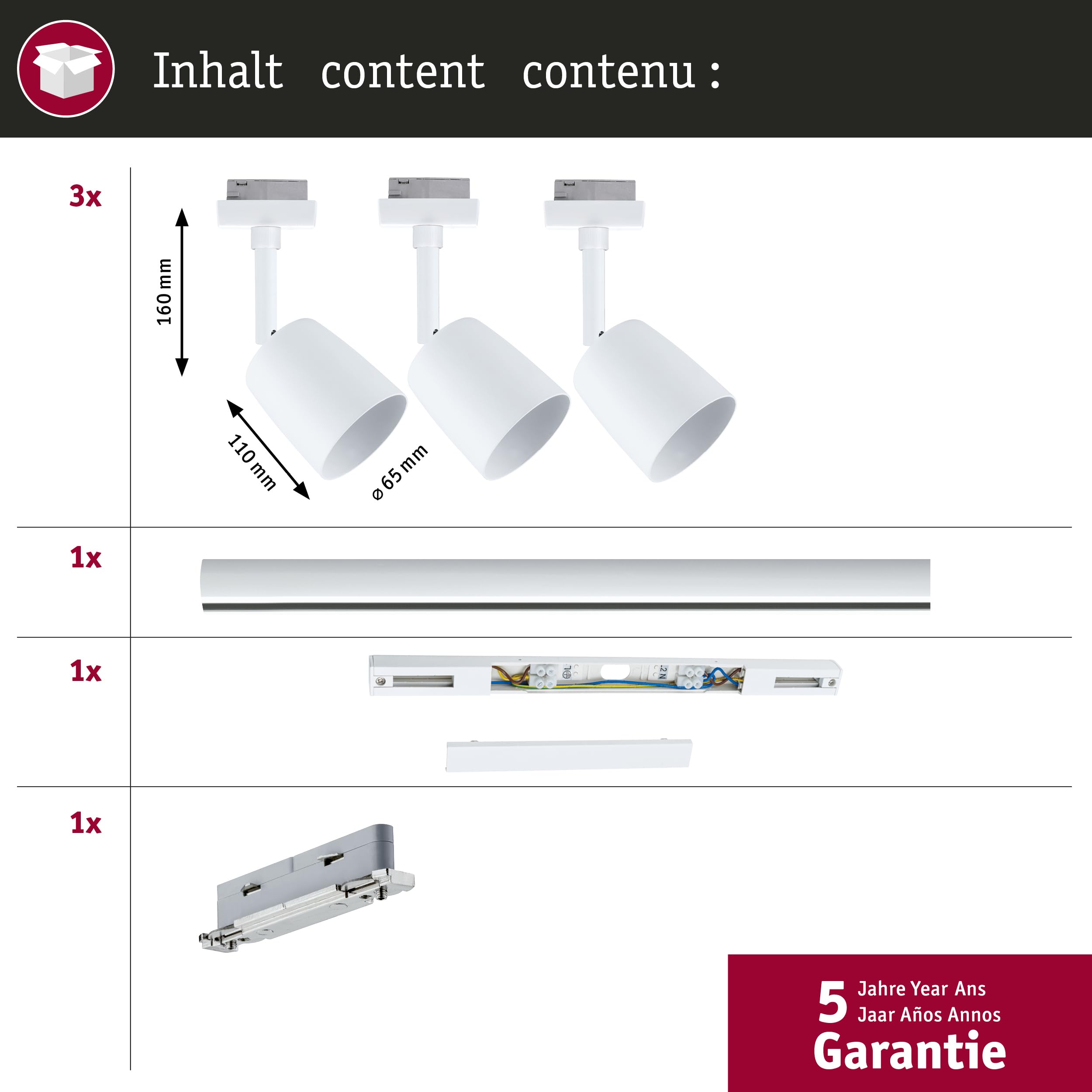 Paulmann 5246 URail Spot sur rail Cover kit de démarrage GU10 max. 10W dimmable 230V blanc signal