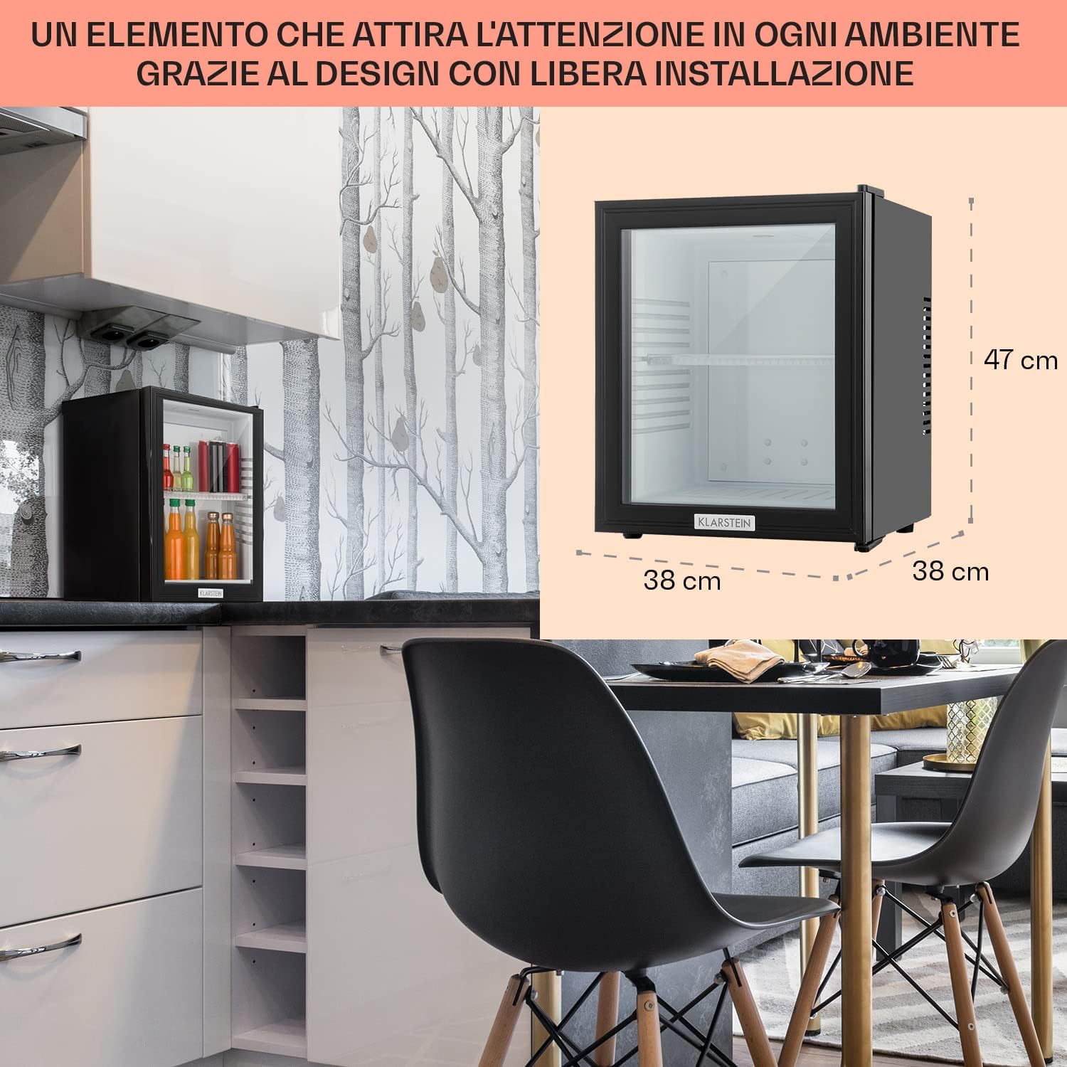 Klarstein MKS-12 - Minibar, Mini Frigorifero, Frigorifero per Bevande, Classe E, Volume 24 Litri, Silenzioso, 1 Ripiano, Porta a Vetro, 3 Stadi di Temperatura, Nero