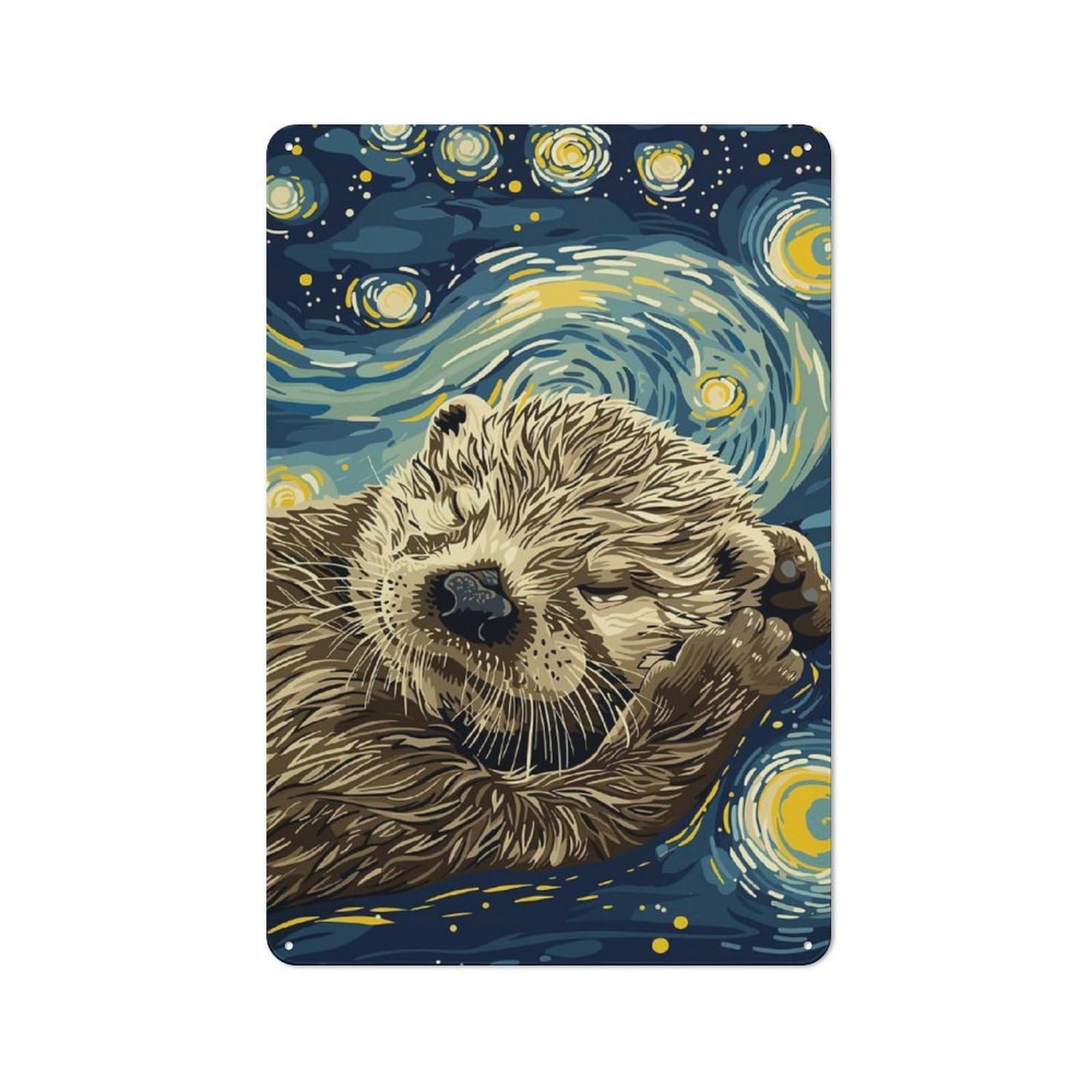 Junmoney Otter In Starry Night Style Decorative Metal Plaque 30X20cm, Clean Industrial Industrial Wall Decor For Modern Home, Workshop, Office Or Cafe