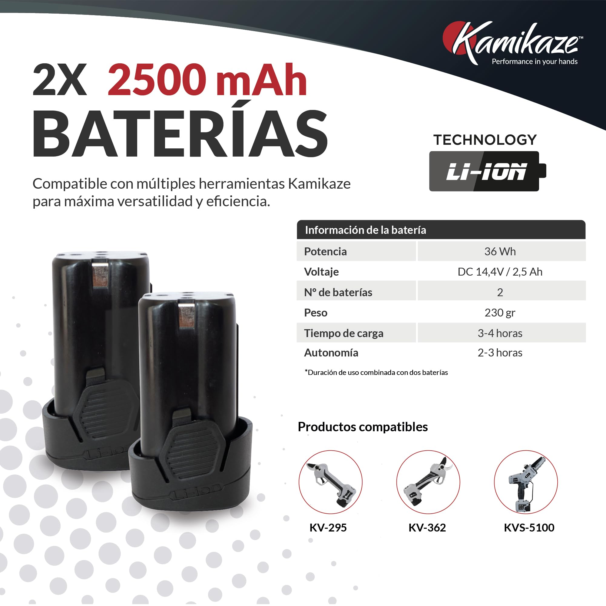 KAMIKAZE KV280 Tijera Eléctrica de Poda Inalámbrica 150W Corte Máximo Ø 25 mm Incluye 2 Baterías Litio de 14V con autonomía de 2500 cortes, Cargador y Kit de Herramientas Diseño Patentado.
