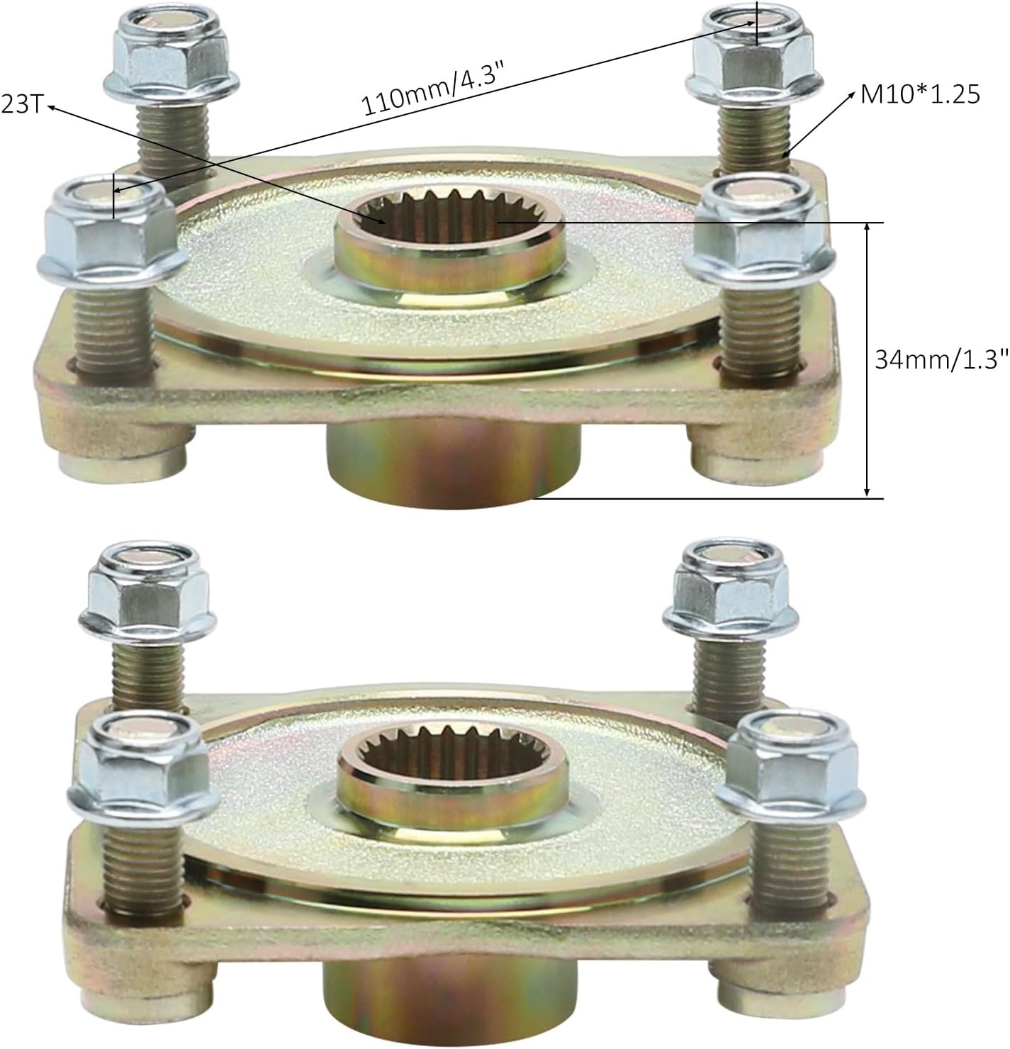 2pcs 23 Tooth Spline 4 Stud Wheel Rear Axle Hubs Flange 110mm 4 Bolt Pattern for ATV Quad Bike Dune Buggy Go Kart Golf Cart Four Wheelers Drift Trike DIY Parts Taotao Kazuma Roketa Gold