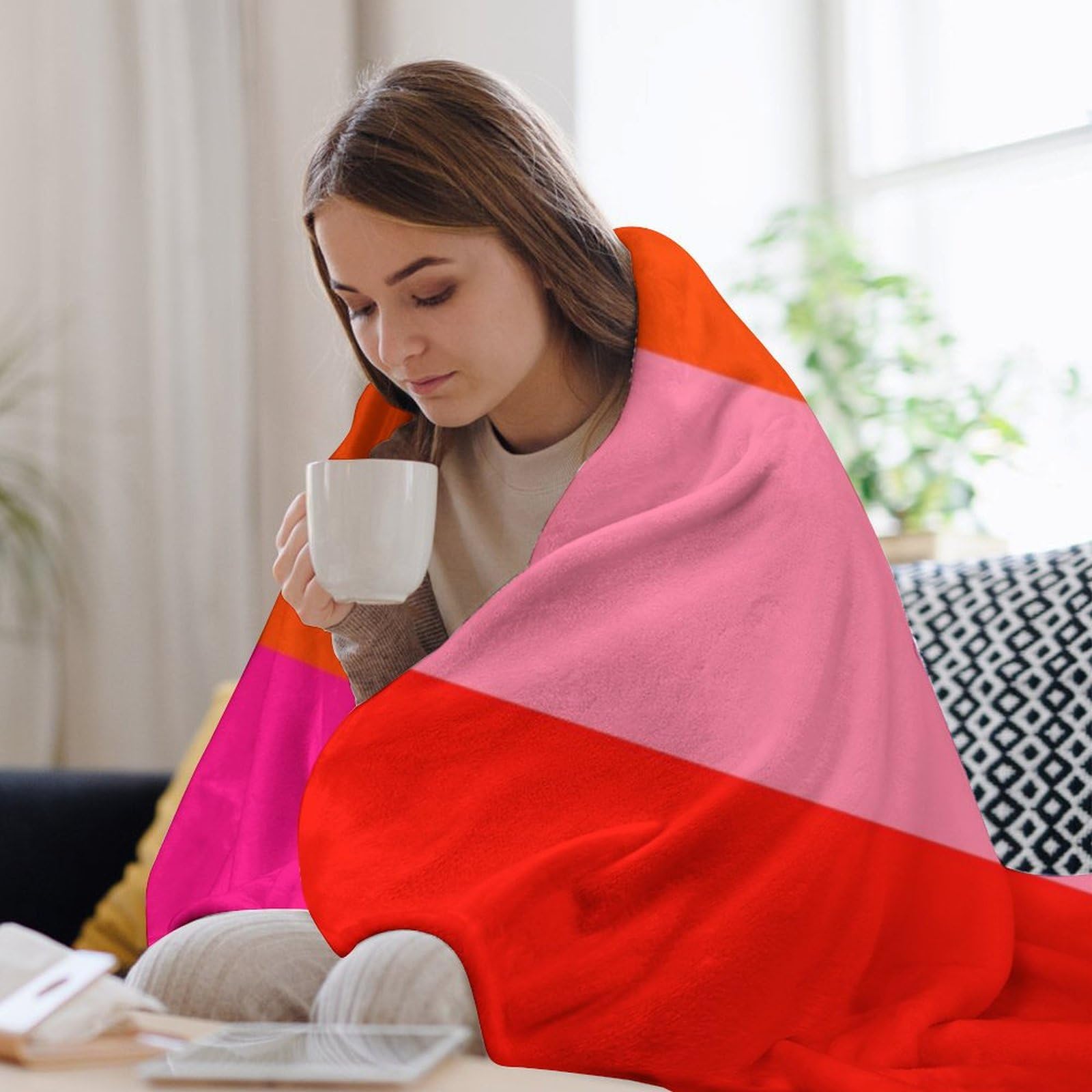 Weiche, gemütliche Überwurfdecke, Streifen in Pink und leuchtendem Orange, waschbar, leichte Decke für Couch, Sofa, Bett, Büro, warme Plüschdecken für alle Jahreszeiten, 152,4 x 203,2 cm