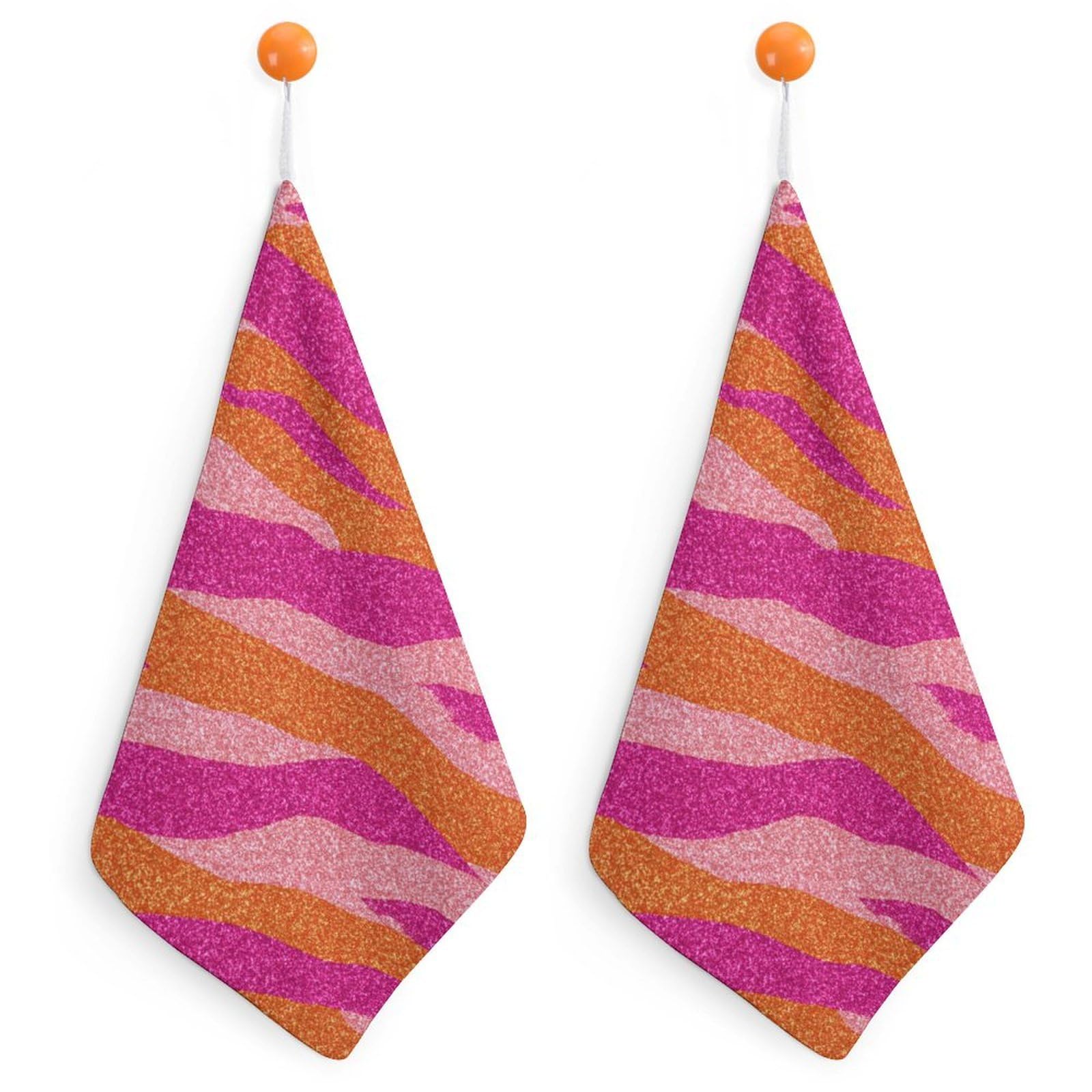 Jubonexis Hot Pink Orange Glitter Zebra Stripes Minimalistic Small Hand Towel with Hanging Loop 2 PCS Absorbent Soft Wash Cloth for Kitchen Bathroom