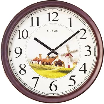 Wooden Wall Clock with Retro Design, 15 Inches Round Wall Clocks Battery Operated Silent Non-Ticking, No Motor Noise,A Spinning Windmill, for Kitchen Living Room Classroom Gym and Pool