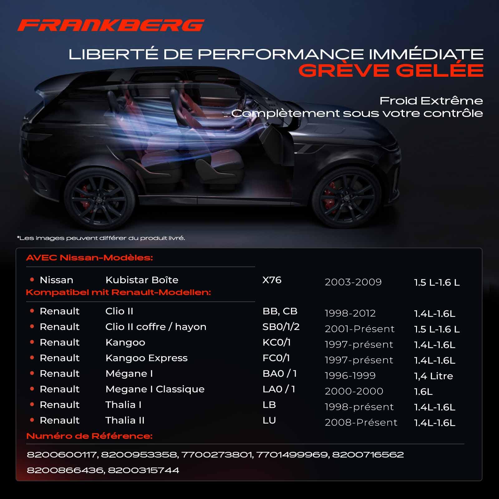 Frankberg Compresseur de climatisation avec embrayage 8200315744 | Compatible avec: M.e.g.a.n.e I Classic LA0/1, Clio II BB CB, Boîte Kubistar X76, K.a.n.g.o.o KC0/1, Thalia II LU