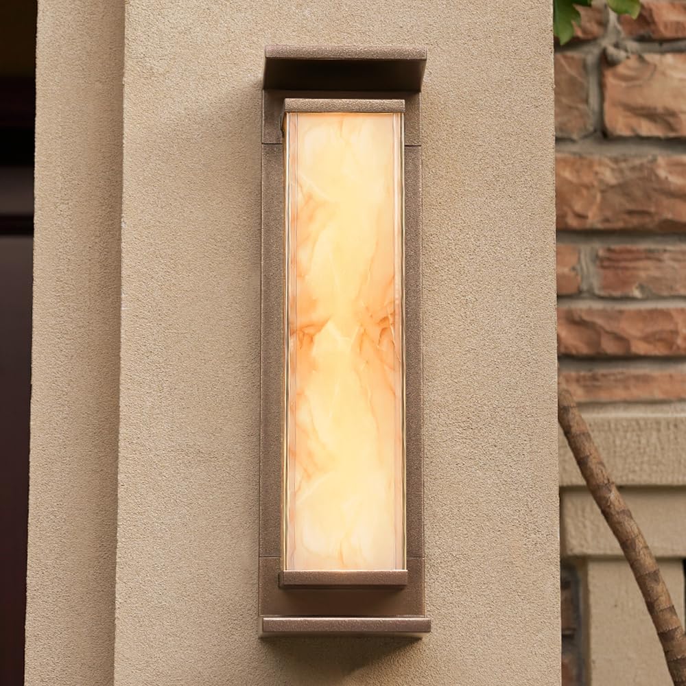 JYBNBBE Wall Sconces Outdoor LED Wall Light Glass Exterior Light Fixture with Marble Texture Shade Wall Lamp for Balcony Entryway Garage Hallway,Bronze-40CM