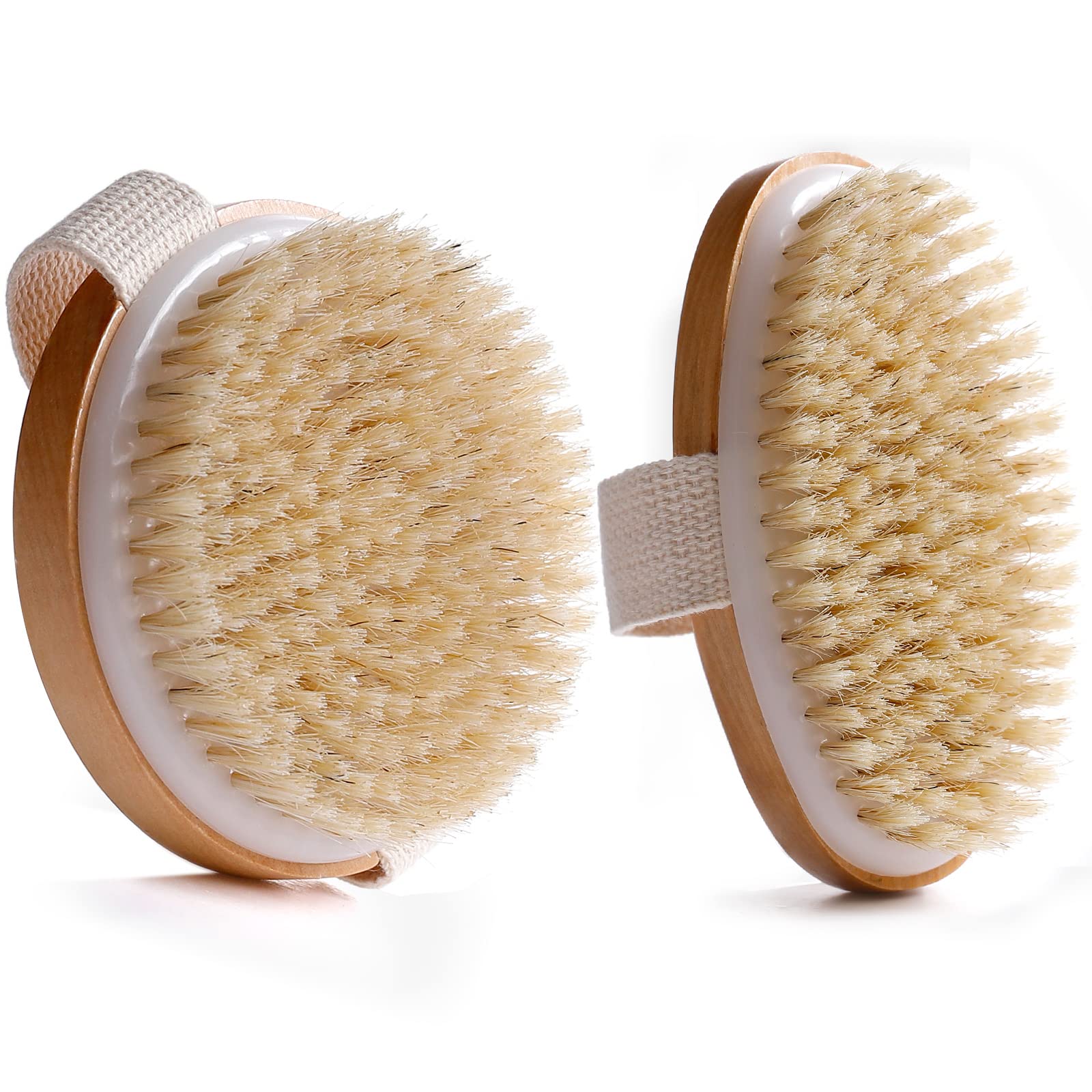 Azymi 2-Pack Body Brush, Dry Wet Body Scrub Brush Set for Women Men Cleansing Exfoliating Cellulite Lymphatic Drainage, Natural Wood Sturdy Hand Massager 2 Sizes Round-10.5x10.5CM Oval-13X6.5CM