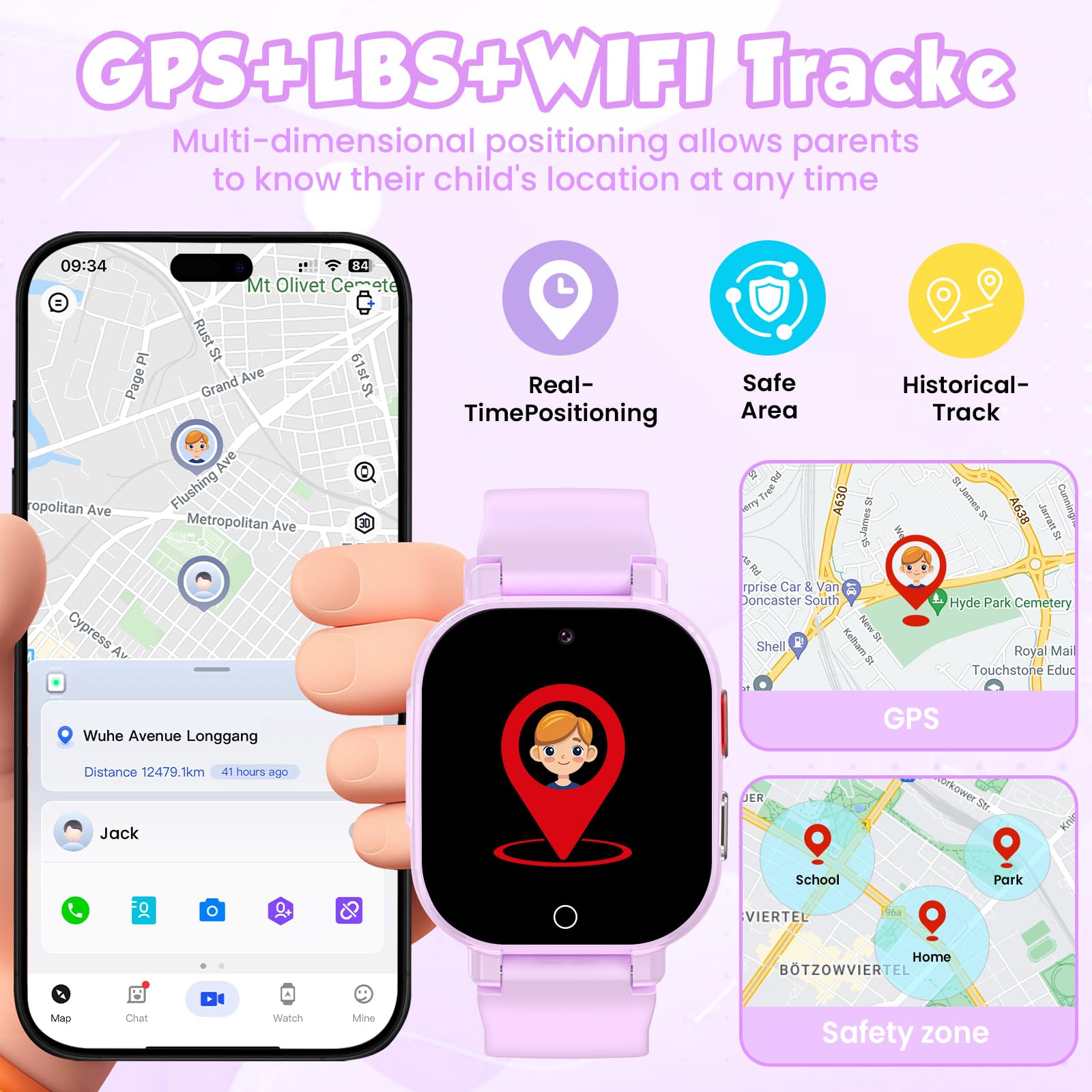Montre Connectée Enfants GPS, 4G Smartwatch Téléphone pour Filles et Garçons avec Appel, Vidéo, SOS, Chat, Mode Classe Podomètre, Jeux, Réveil, Montre Intelligente Enfant 4 à 12 Cadeau (Violet)