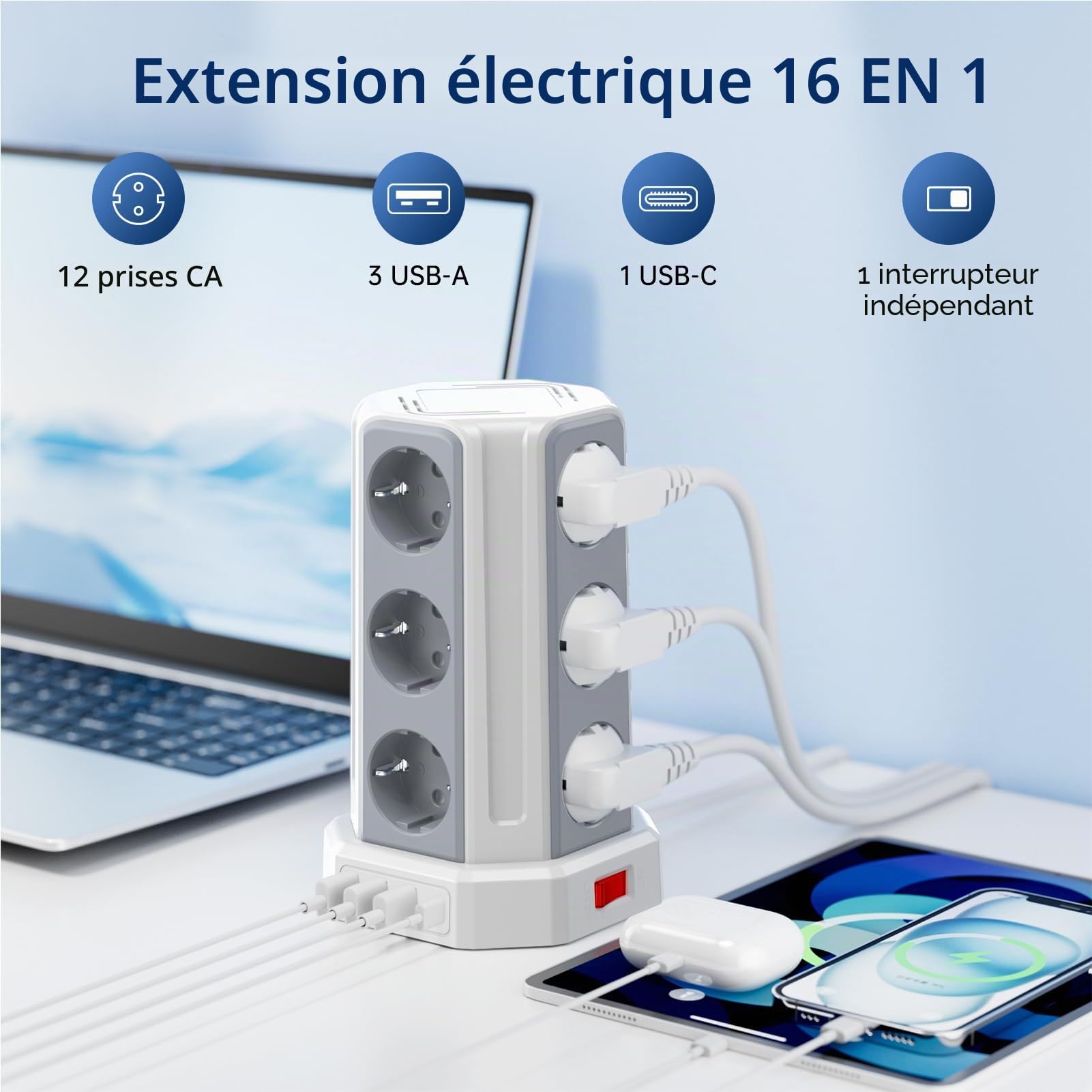 Multiprise avec Interrupteur, Tour Multiprise 12 Prises et 4 USB | 5M Rallonge Electrique 4000W Tour Multiprise pour Maison Bureau Parafoudre et Surtension