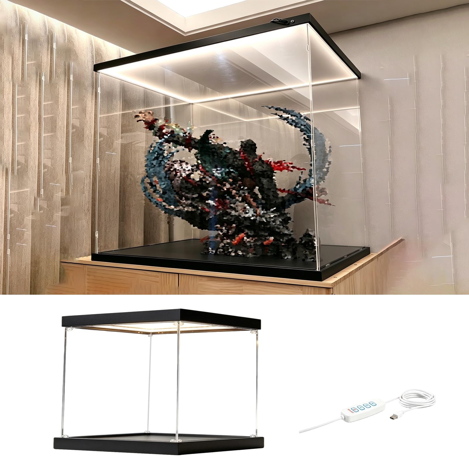 Urna Metacrilato Vitrina LED Ajustable de Acrílico con Base Tapa