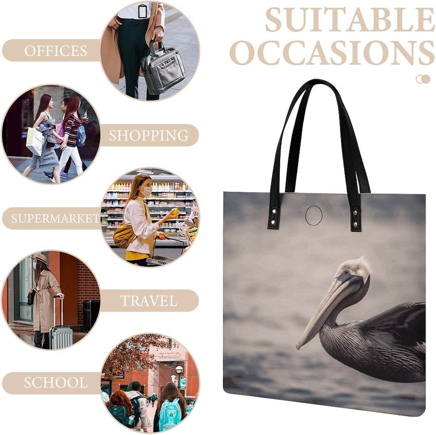 Brown Pelican Handbags Large Capacity, Tote Bag Stylish Slouchy, Shoulder Bags for Work Beach Travel And Shopping Grocery.
