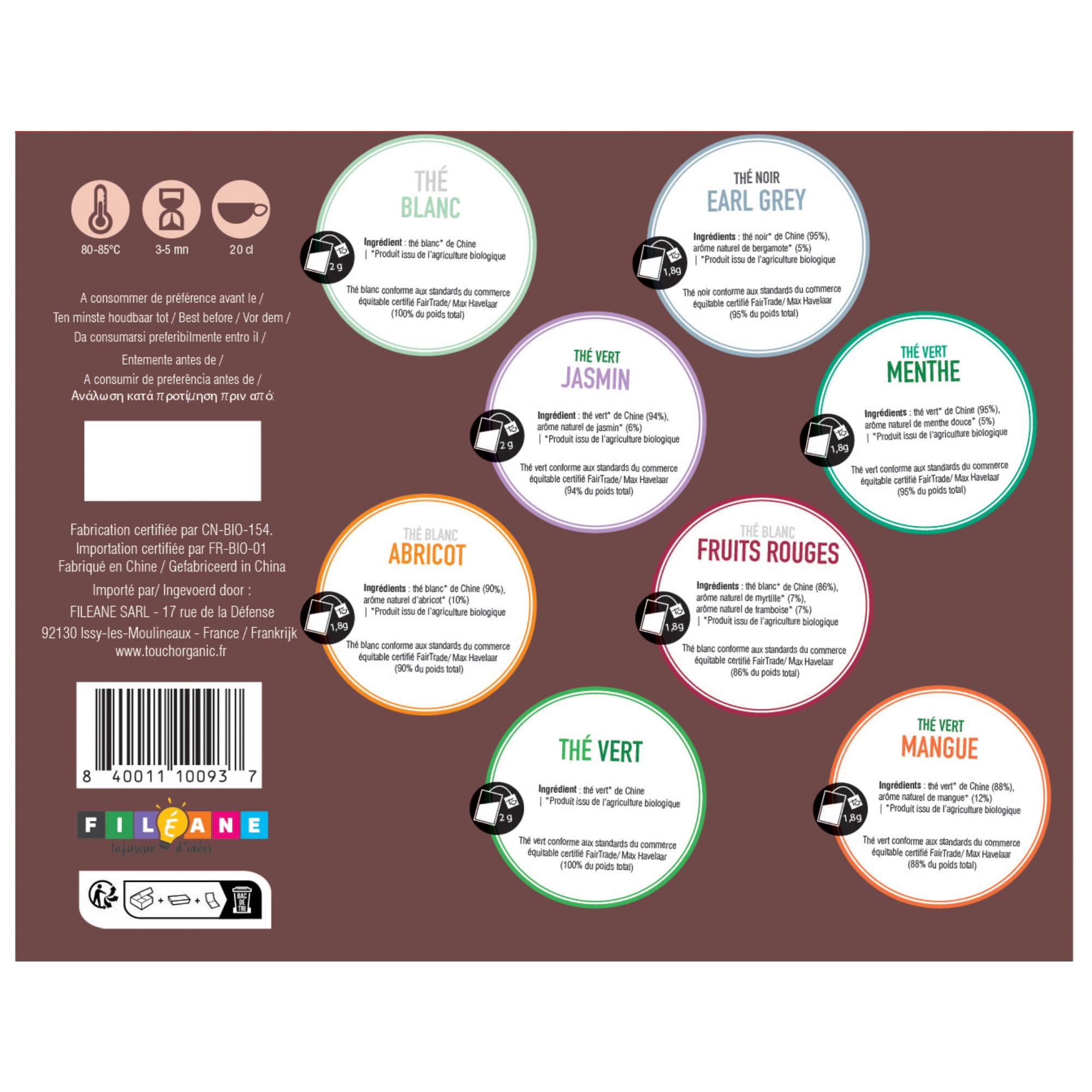 Touch Organic - Coffret Dégustation de Thés Bio | 8 Variétés & 80 Sachets | Collection Premium avec Thés verts, blanc et parfumés | Coffret cadeau