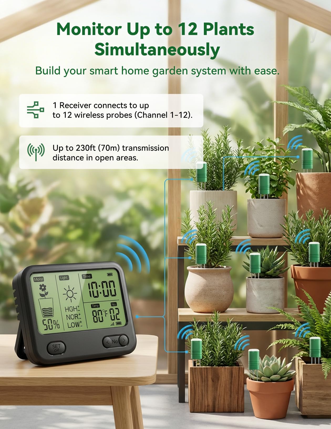 Medidor de humedad del suelo con inalámbrico impermeable para humedad, temperatura, luz solar (unidad principal + 4 sensores)