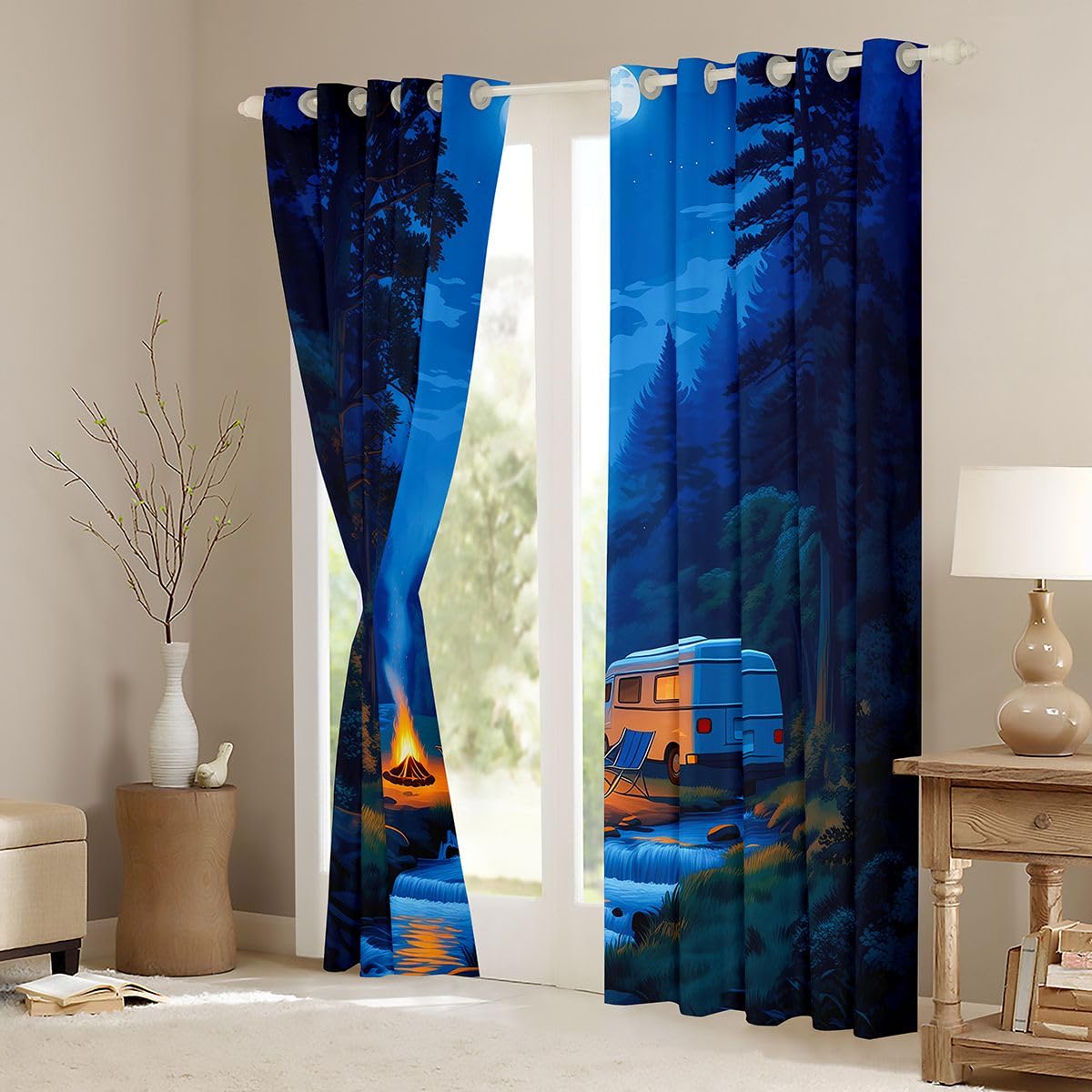 RV Lot de 2 rideaux de fenêtre de camping pour filles et garçons, taille M, nature, aventure, bons rideaux occultants, feu de camp nocturne, 183 x 117 cm