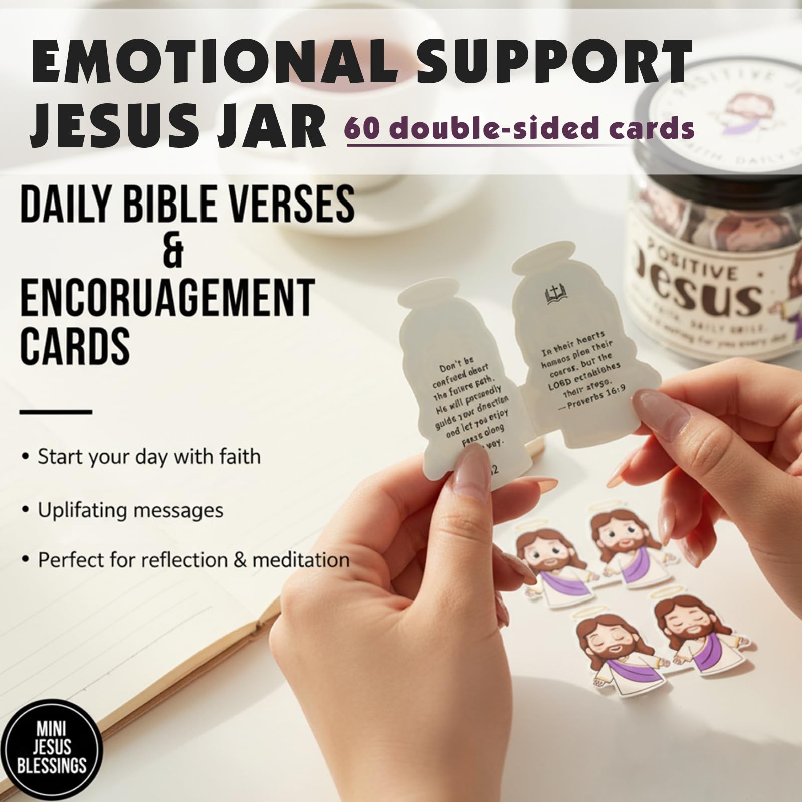Emotional Support Jesus Jar, 60 Double-Sided Scripture Cards & Daily Encouragement Mini Blessings, Christian Easter Gift for Women, Teen Girls Basket Stuffer