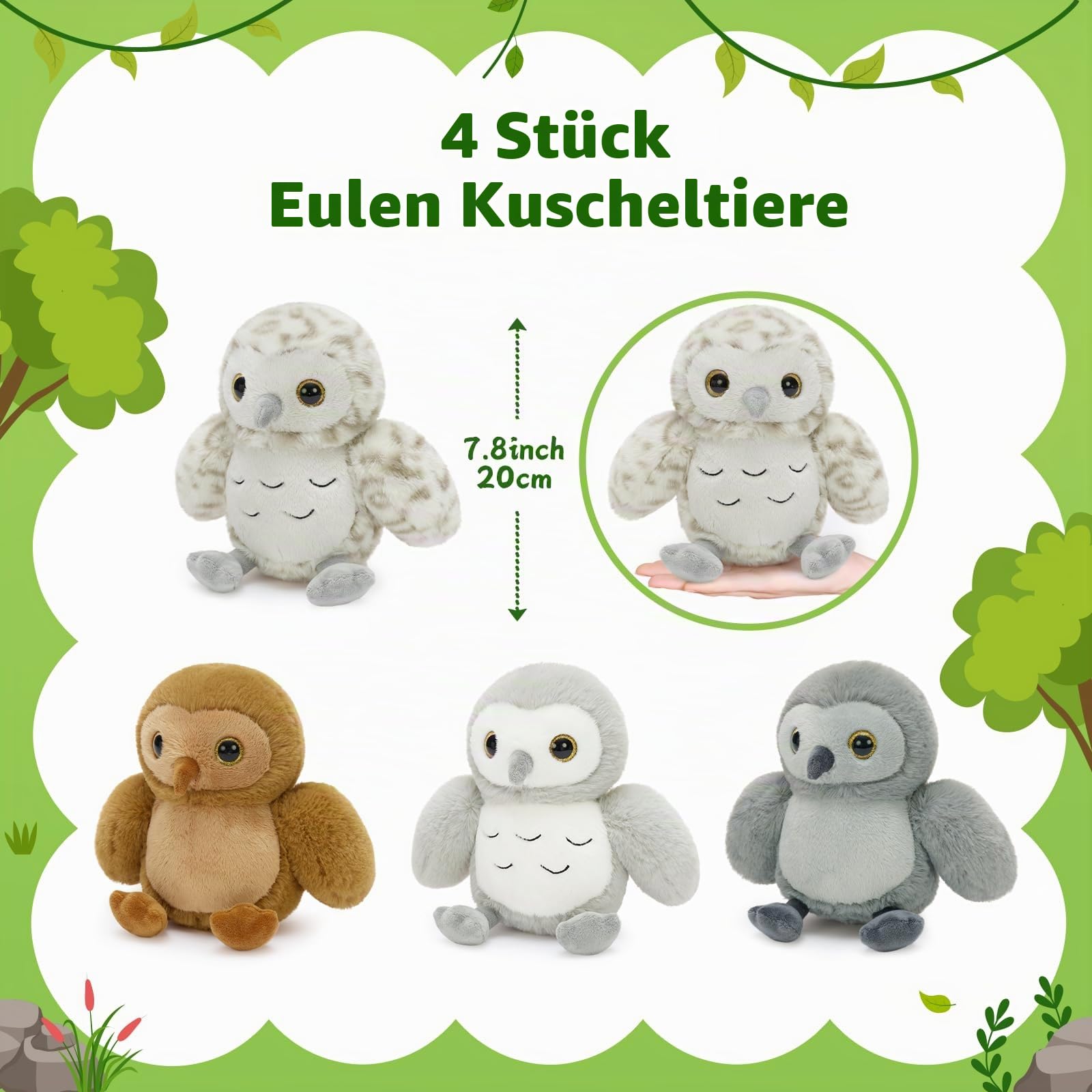 MorisMos 4 stücke süß Eule Kuscheltier Set, 20cm hoch weich Eule plüschtier stofftier Puppe Spielzeug owl, Geburtstag Weihnachten Geschenk Kinder Baby