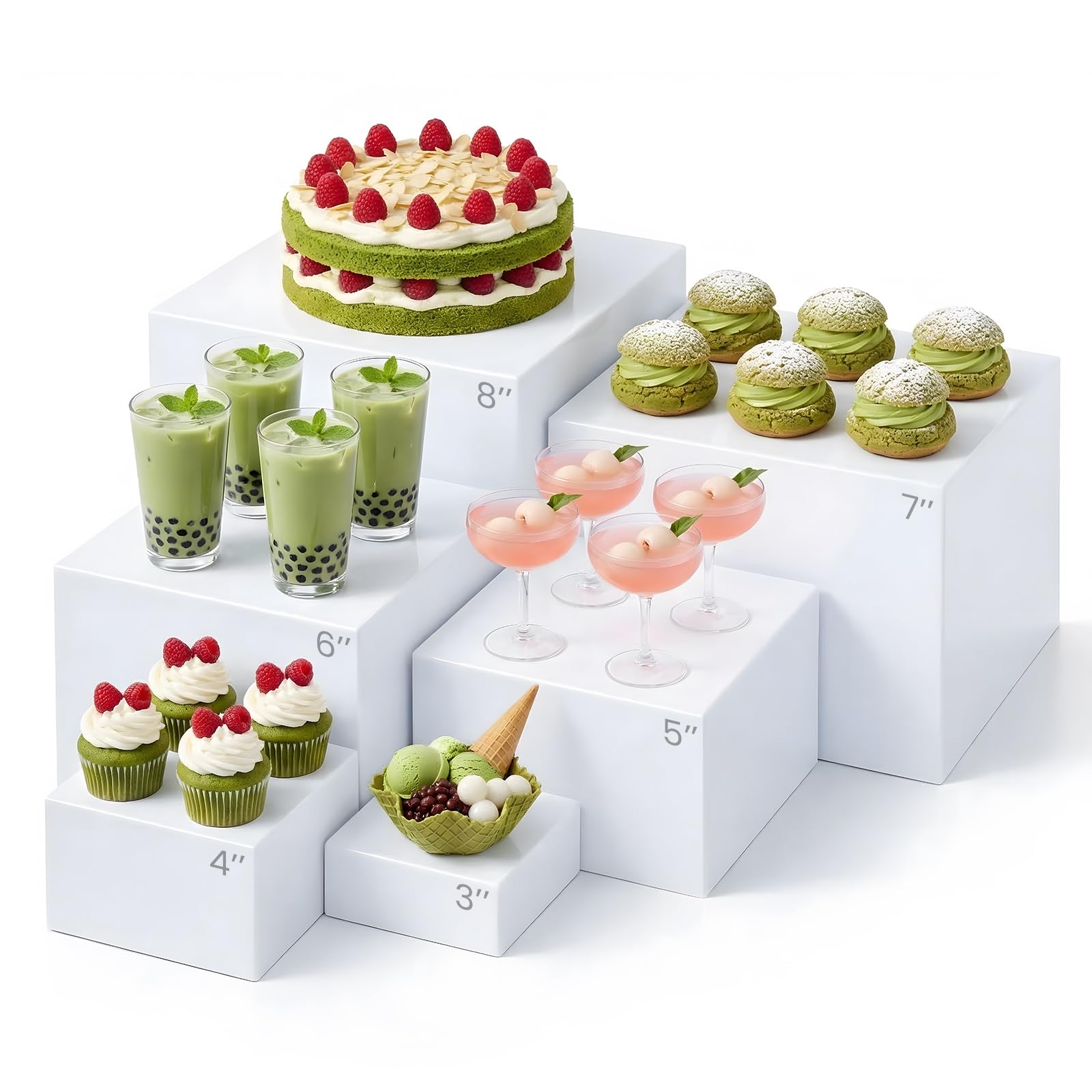 Lot de 6 présentoirs de buffet en acrylique blanc, 6 tailles différentes, support à dessert avec fond creux pour buffet, mariage, file d'attente, fête de famille, fête d'anniversaire