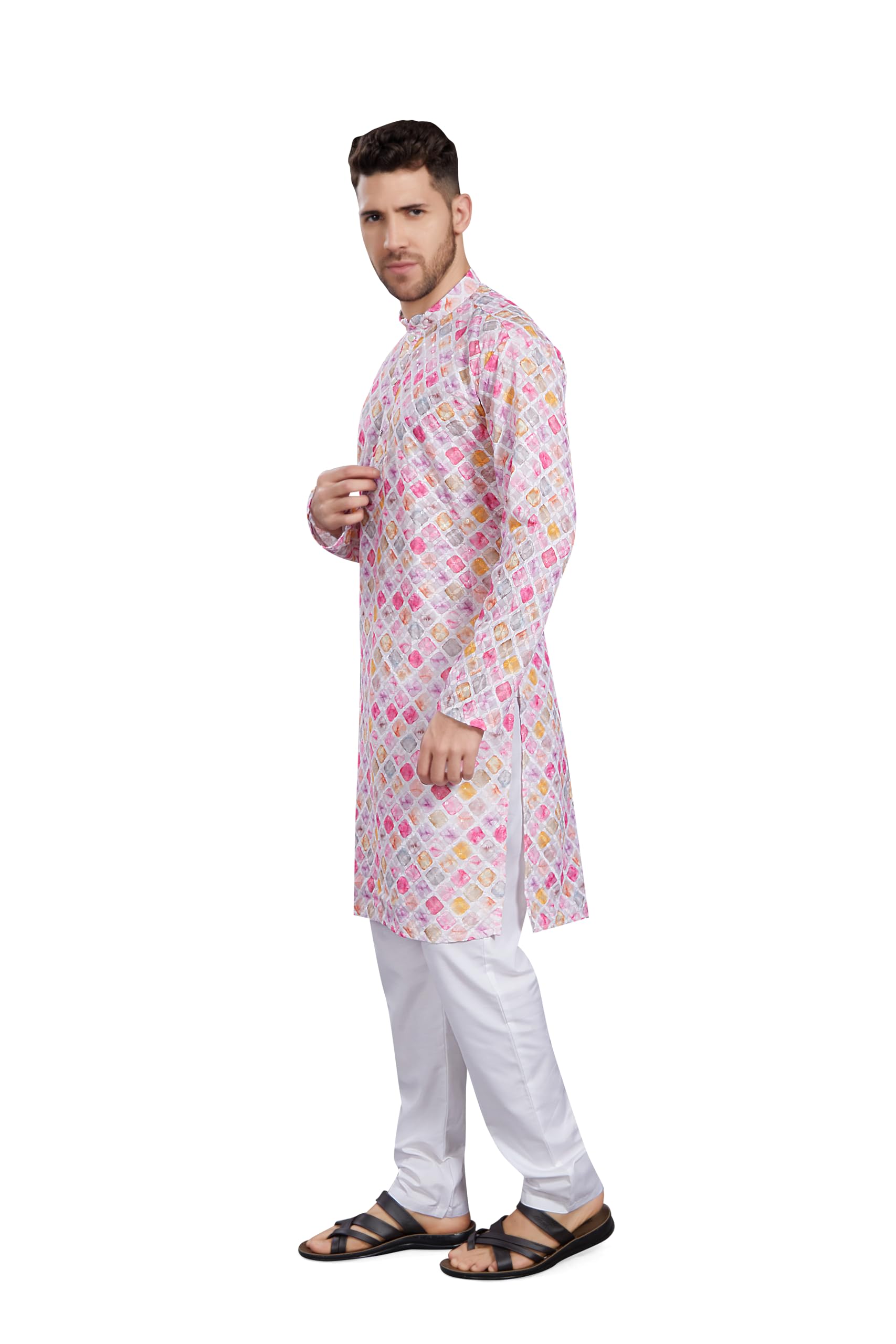 Divisive Men's Thread Embroidered Cotton Blend Only Slim Fit Kurta (Dkrt791_S_White - Pink)