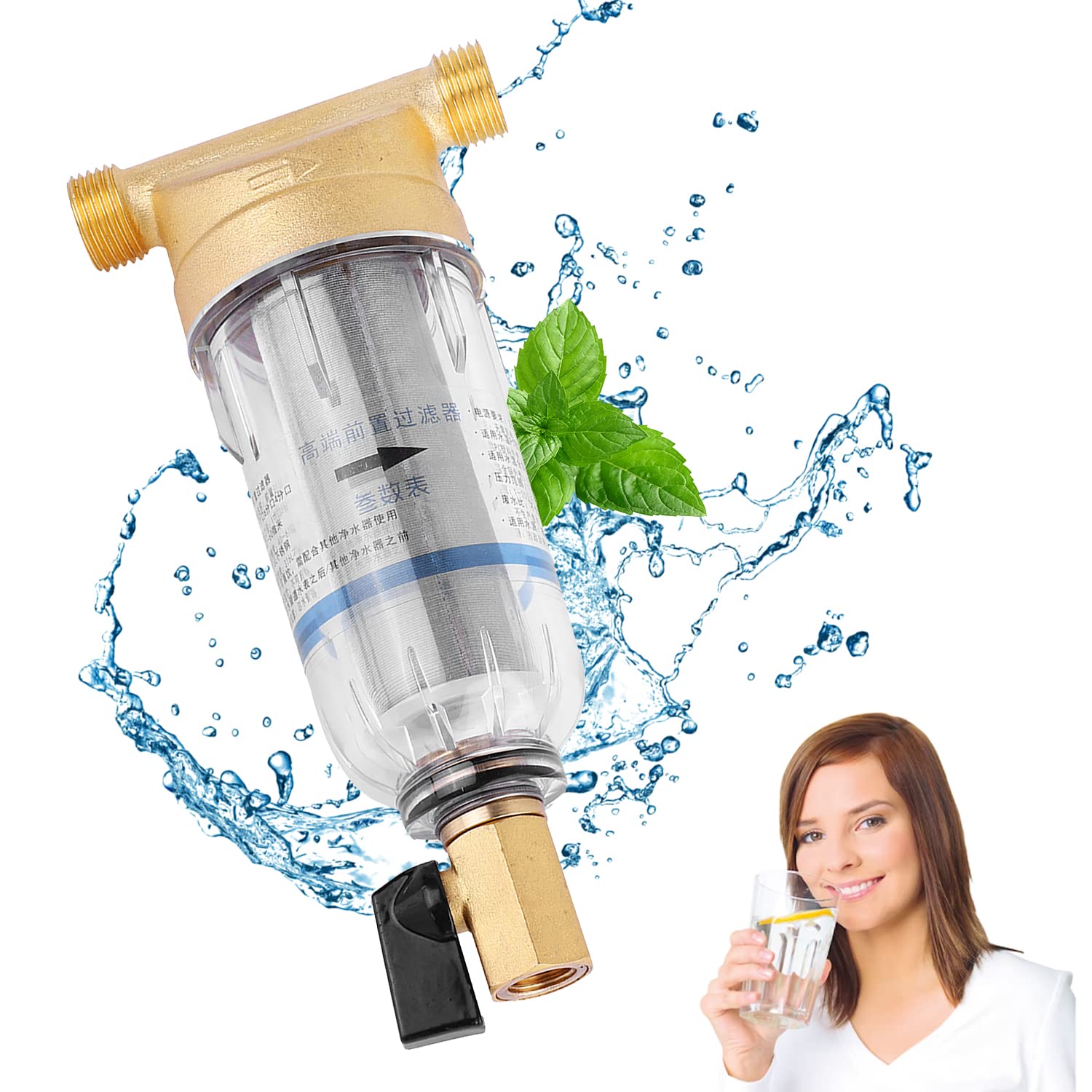 Prefiltro de Agua de Sedimentos Giratorio Purificador Reutilizable, Filtro Agua Entrada General Agua con Llaves y Tubo de Alcantarillado, Filtro de Agua Para Casa de ÓSmosis (3/4" Rosca Macho)