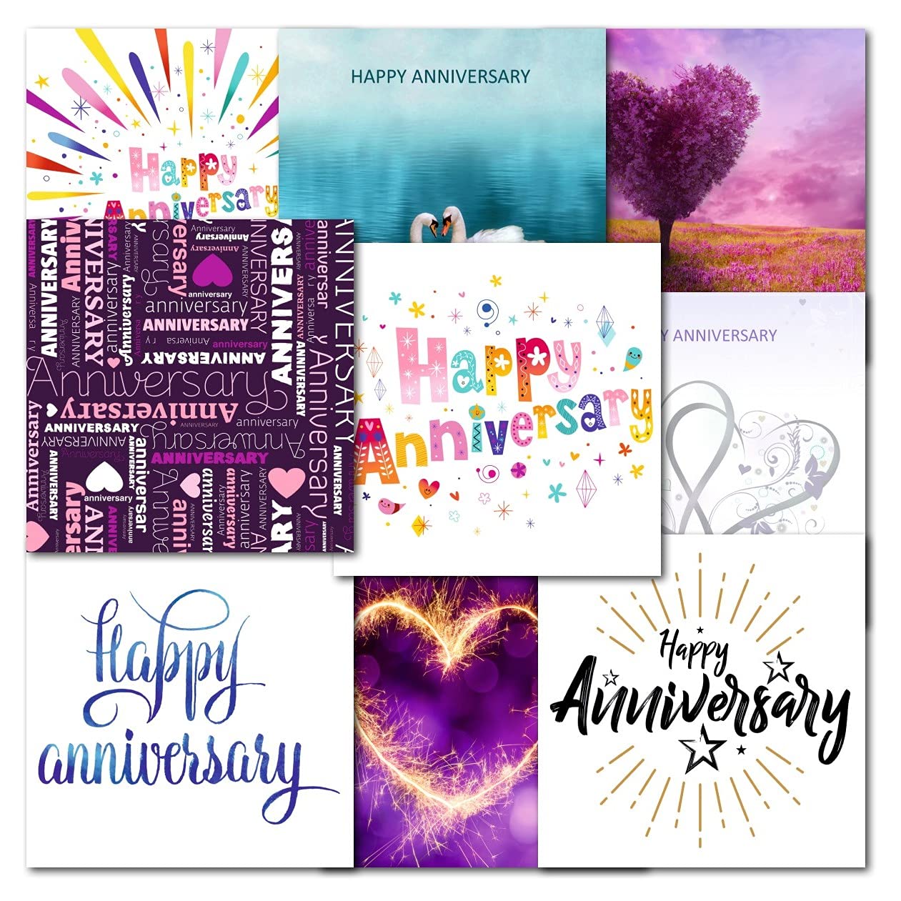 doodlecards Pack 10x Mixed Wedding Anniversary Cards. Multipack Floral, Hearts, Modern, Contempory Cards with Envelopes. 100% Recyclable. Made in the UK.