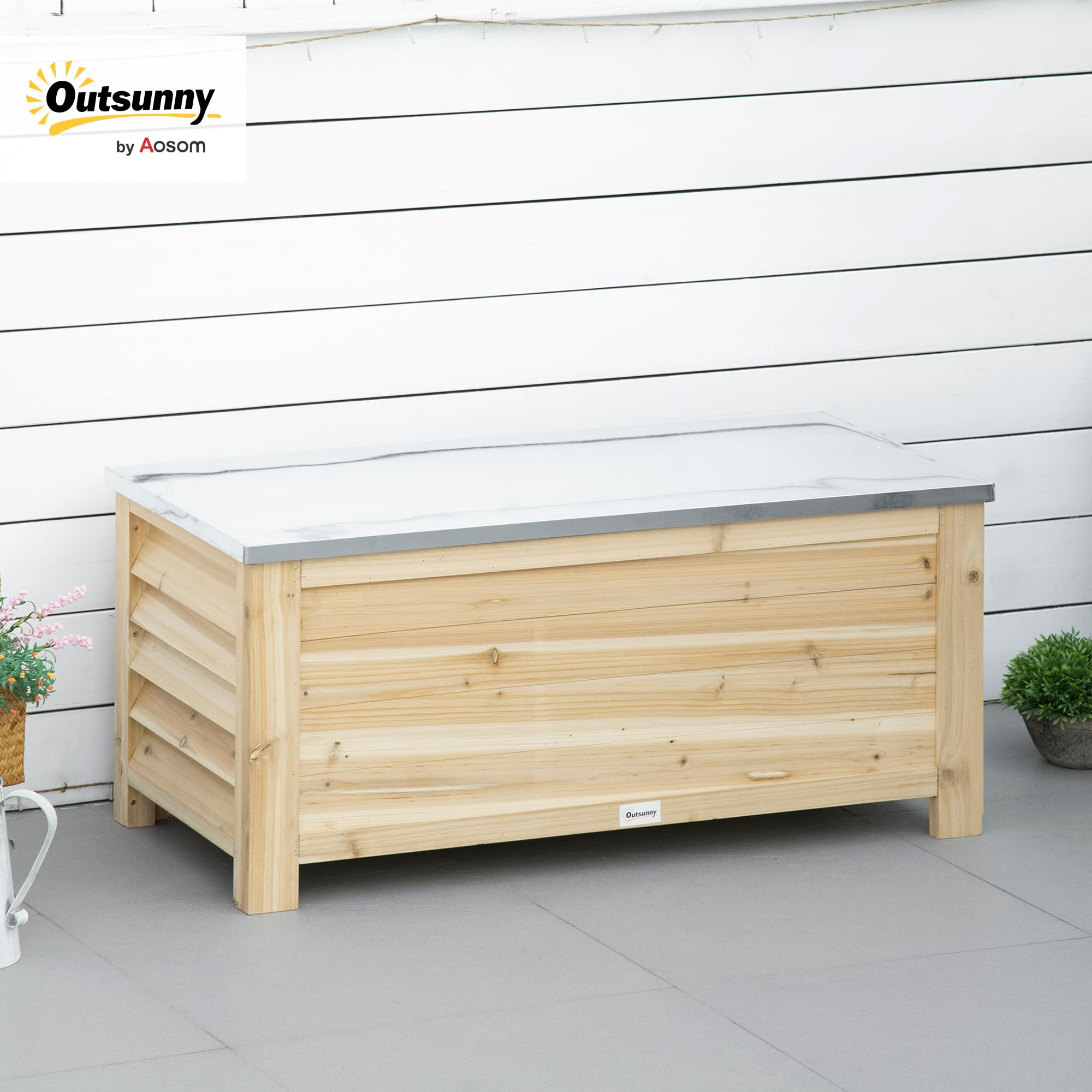Outsunny Arcón de Jardín Exterior Carga 155L Baúl de Almacenaje Exterior de Madera con Tapa de Metal Galvanizado y Diseño con Listones para Jardín Terraza Balcón 110x50x50 cm Natural