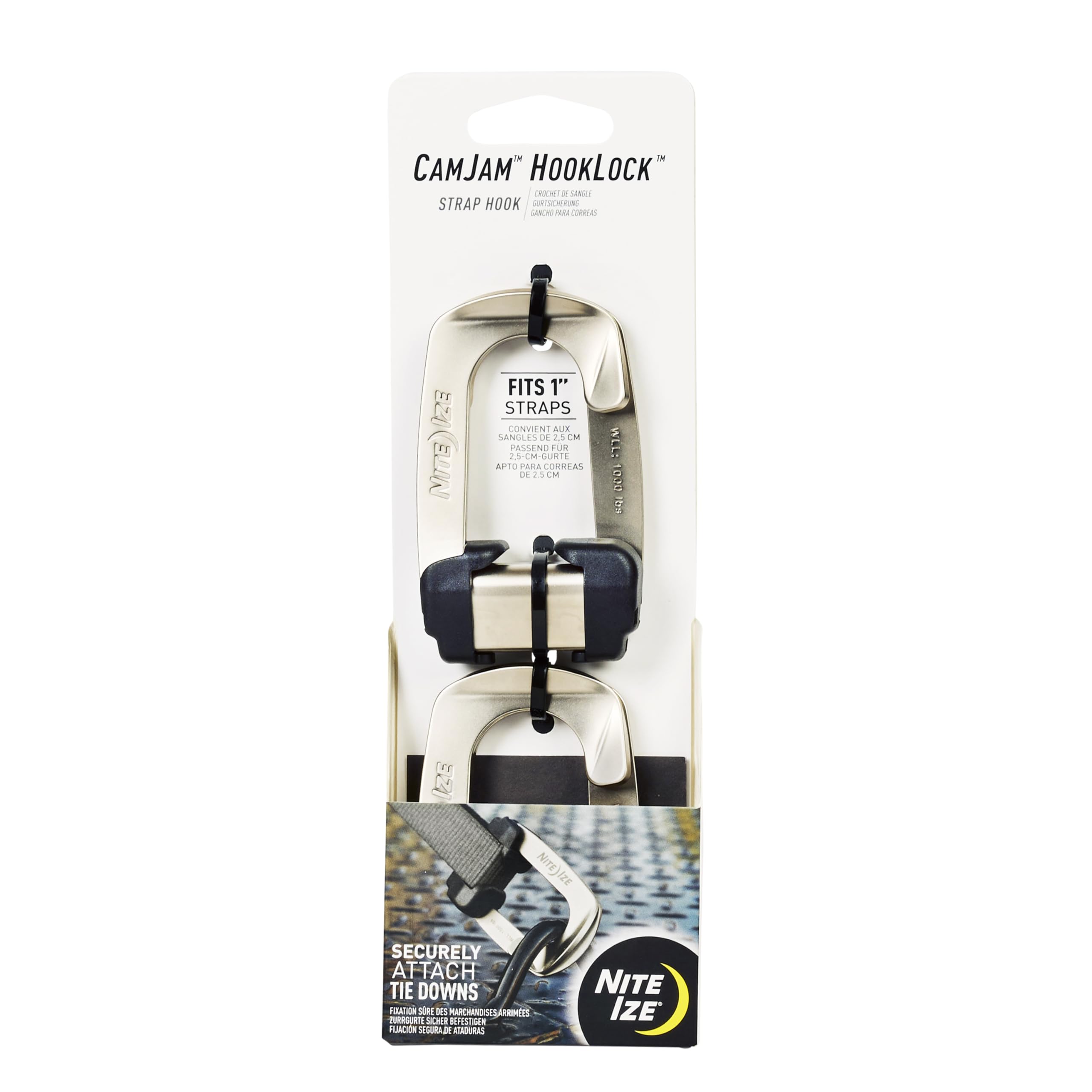 Nite Ize CamJam HookLock Strap Hook - Spring-Actuated Tie Down Hook - Corrosion-Resistant Hook & Tempered Steel Cargo Fastener - Heavy-Duty Load Securing Hook for 1-Inch Straps - Large (2 Pack)