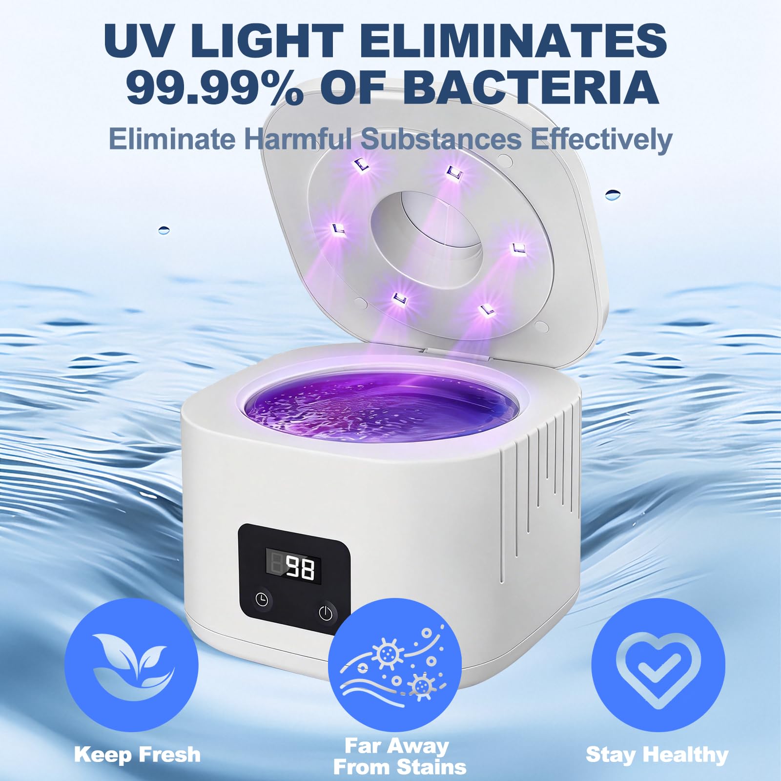 Nettoyeur Ultrasons, 490000Hz Bac Ultrasons avec Lampe UV et 3 Modes (180s/300s/600s),340ML Ultrasonic Retainer Cleaner Dental Pod Dentaire,avec une brosse et une pince,pour Prothèses Dentaires, Gou