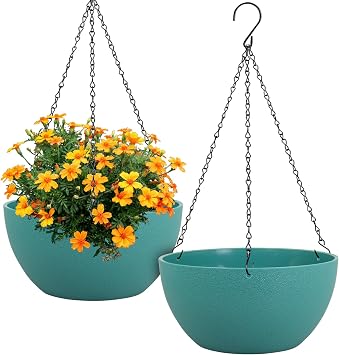 Meowell 12 inch Large Hanging Planters for Indoor Outdoor Plants, 2 Pack Hanging Flower Plant Pots with Drainage Holes and Chain for Garden Porch, Plastic Hanging Baskets for House Plants, Blue Green