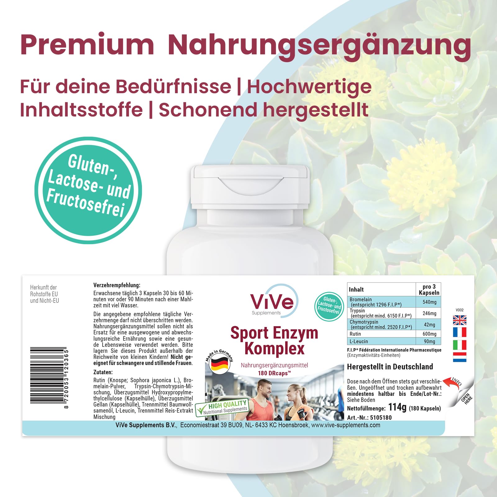 Sport Enzym Komplex - 180 Kapseln - schluckfreundlich - hochdosiert | Qualität aus Deutschland von ViVe Supplements