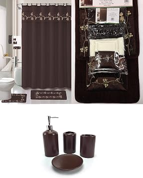 22 Piece Bath Accessory Set Beverly Chocolate Brown Bathroom Rug Set + Shower Curtain & Accessories