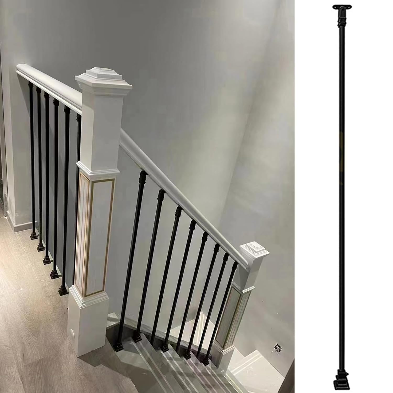 Modern Metal Stair Railing Kit with Wooden Handrail & Newel Post for Indoor/Outdoor(Wood Newel Post Height 120cm/47in)