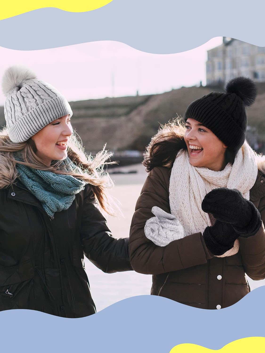 Toulite 6 Pcs Hat and Mittens Winter Set for Women Knit Pom Pom Beanie Caps and Gloves Thick Fleece Lined for Cold Weather - Image 7