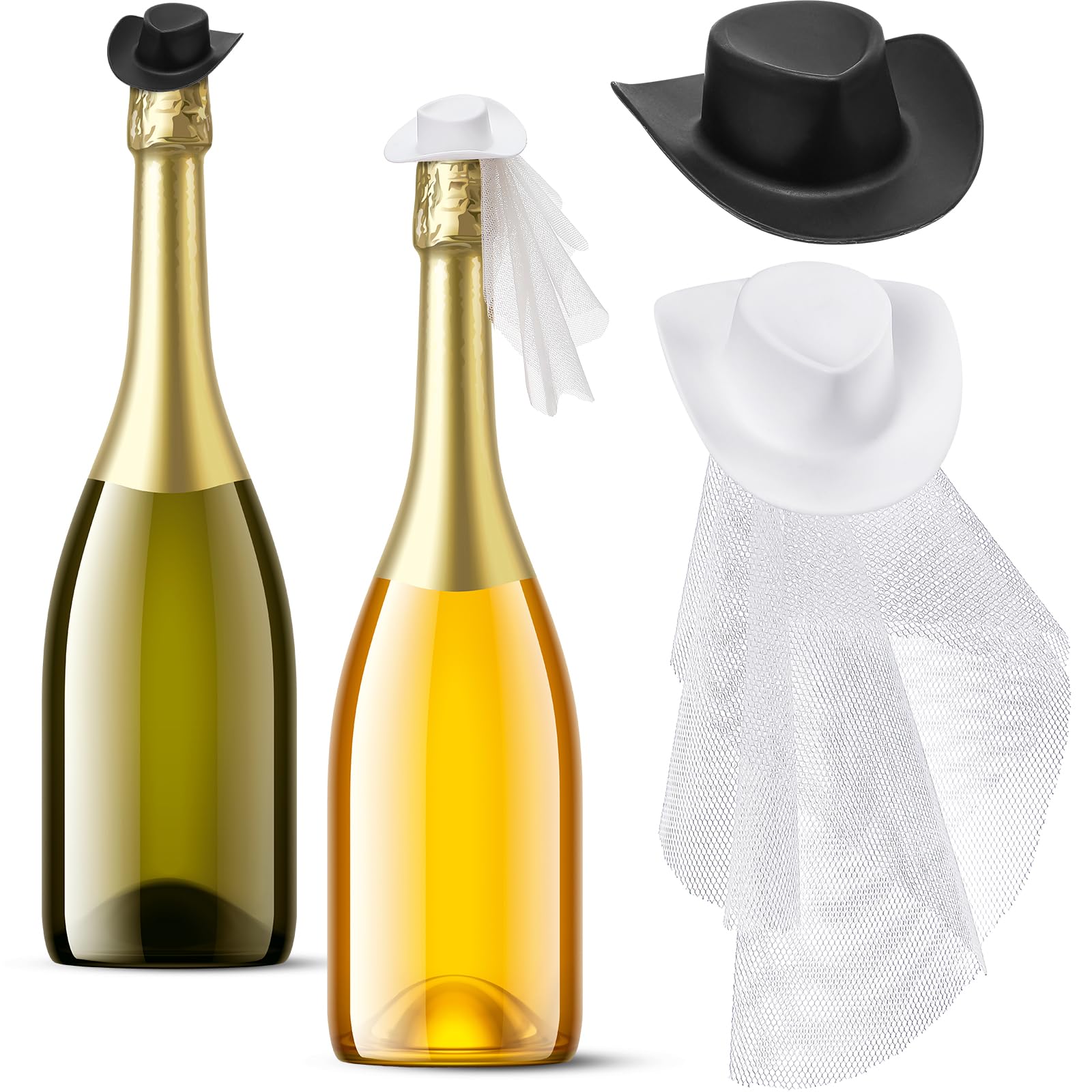 Geyoga Plastic Mini Cowboy Cowgirl Hat Western Bride and Groom Hat with Veil for Wedding Wine Champagne Bottle Cake Topper