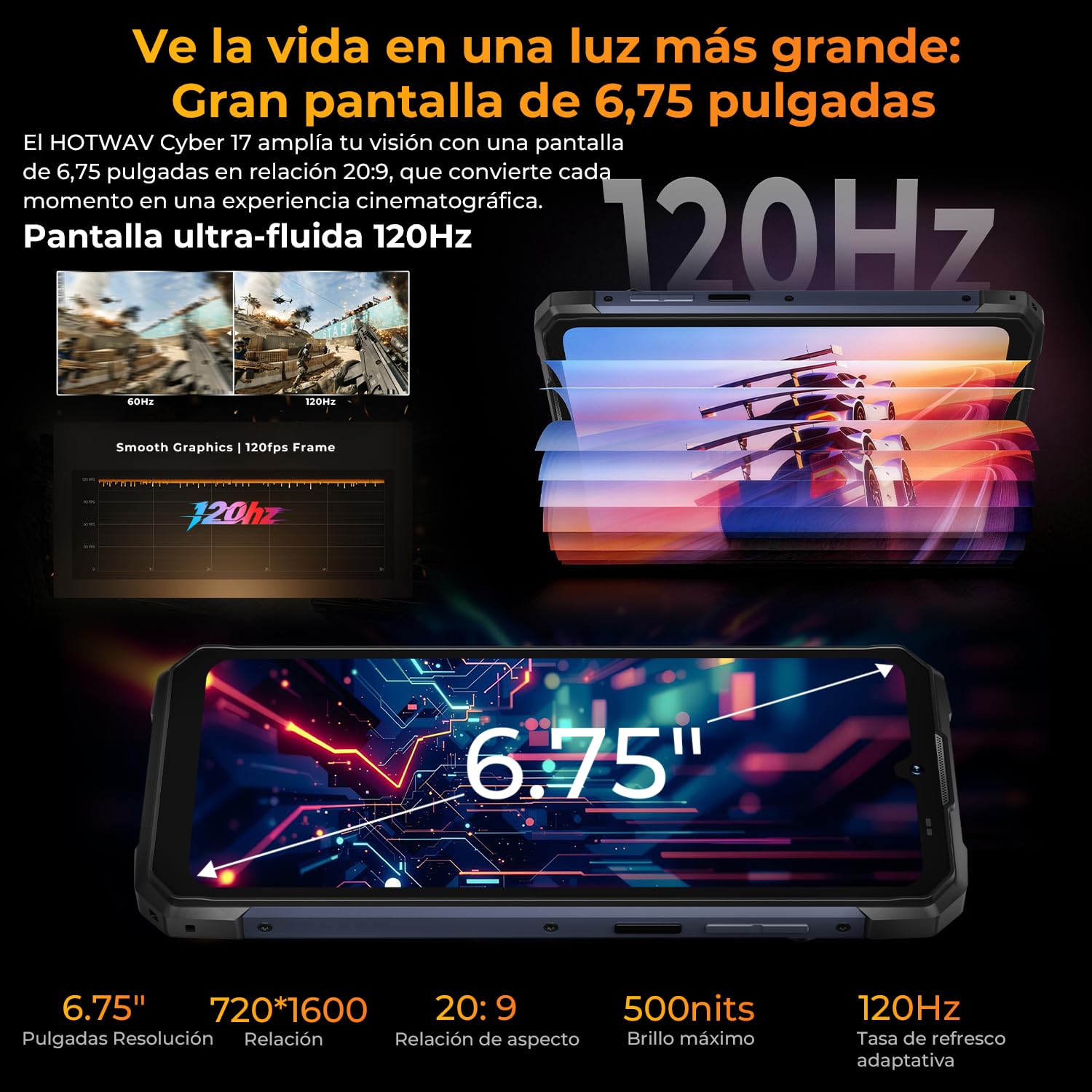 HOTWAV Cyber 17 Movil Irrompible-16GB+128GB(TF 2TB), 120Hz 6,75" HD+ Teléfono Movil Android 16, 6200mAh 20W, 48MP+16MP Cámara, Dual 4G SIM/NFC/OTG/GPS/Linterna de Camping súper Brillante | Pantalla de 6,75" HD+120Hz con Panda Glass 3, batería 6200mAh, 48M