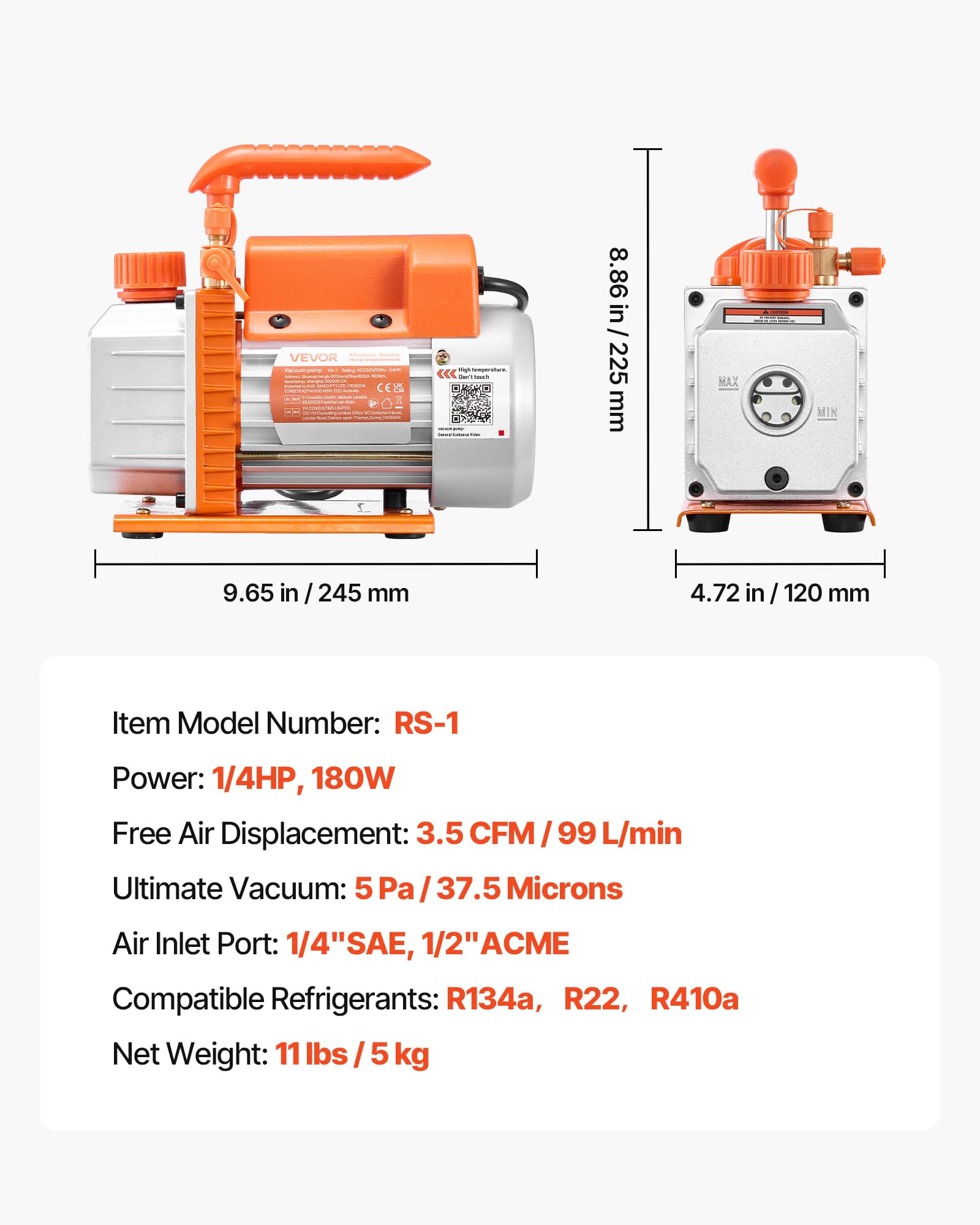 VEVOR Vakuumpumpe 3,5 CFM 99 L/min 1-stufig 180 W für R134a R22 R410a 4-poliger Motor