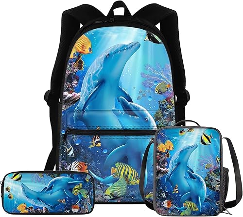 WELLFLYHOM Paquete de 3 mochilas escolares con lonchera para lápices para niños, Delfín, Mochilas de mochila