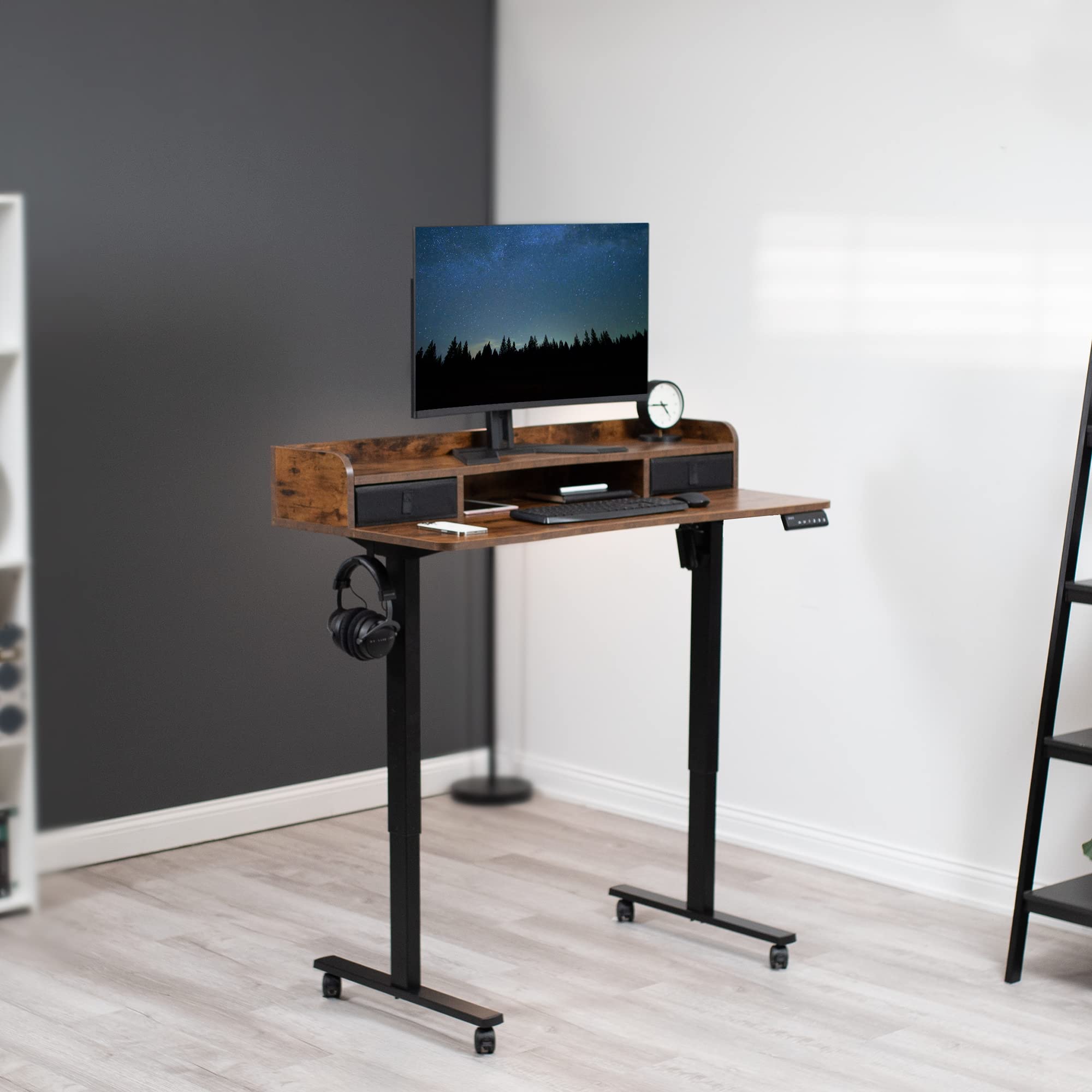 VIVO Electric 2-Tier Height Adjustable 48 x 24 inch Stand Up Desk Mobile Standing Workstation with Storage Drawers — view 2