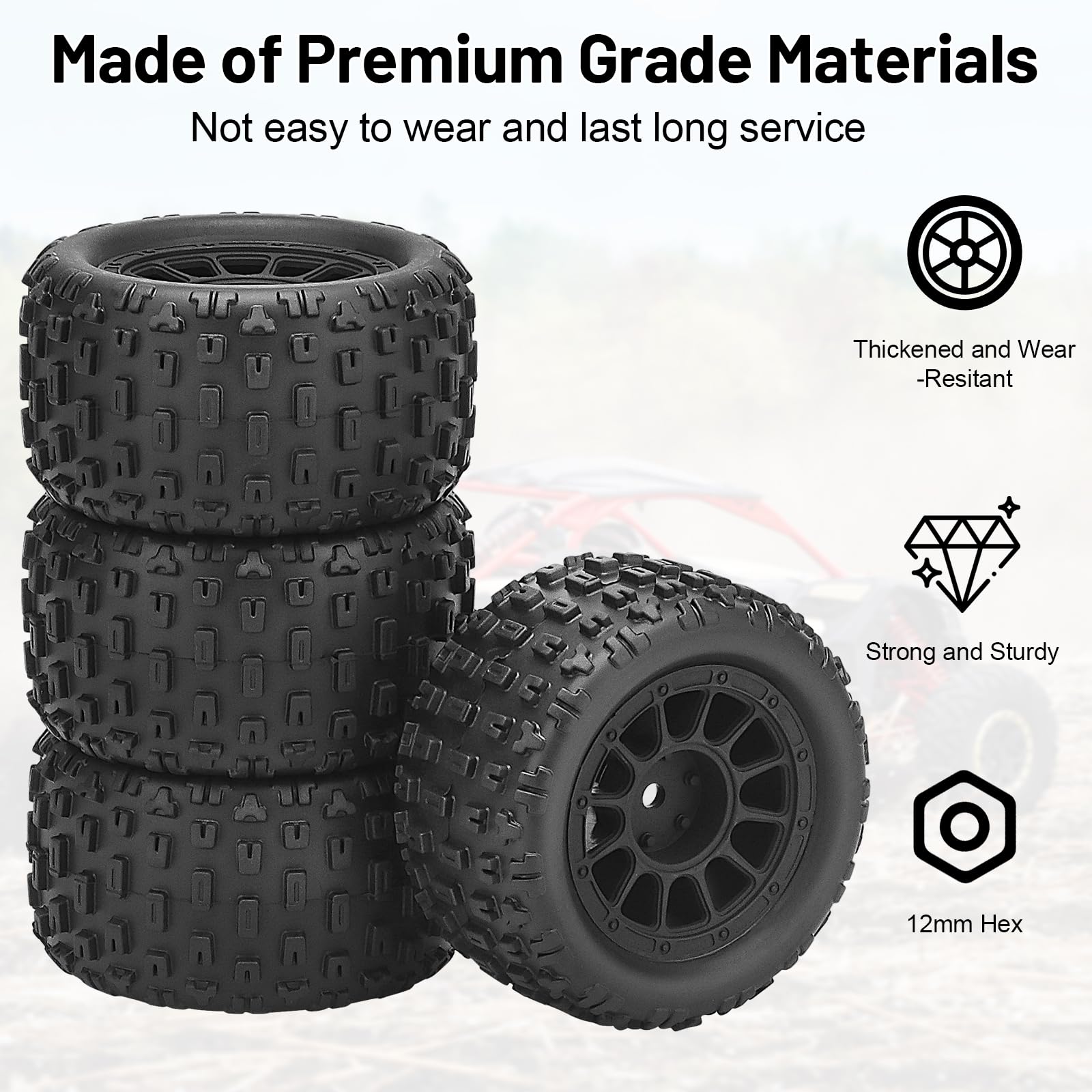 1/18 RC Wheels and Tires, daitoku 4PCS Pre-Glued 12mm Hex RC Buggy Tires for Typhon Grom Arrma Granite 1/18 1/14 RC Car
