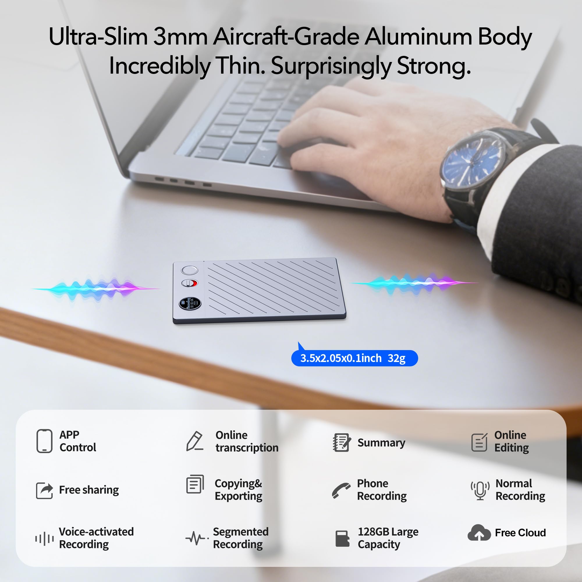 Registratore vocale AI ultra sottile con controllo APP Supporto Trascrizione e riepilogo illimitato, AI Note Taker con cancellazione del rumore DSP, dispositivo di registrazione AI per riunioni