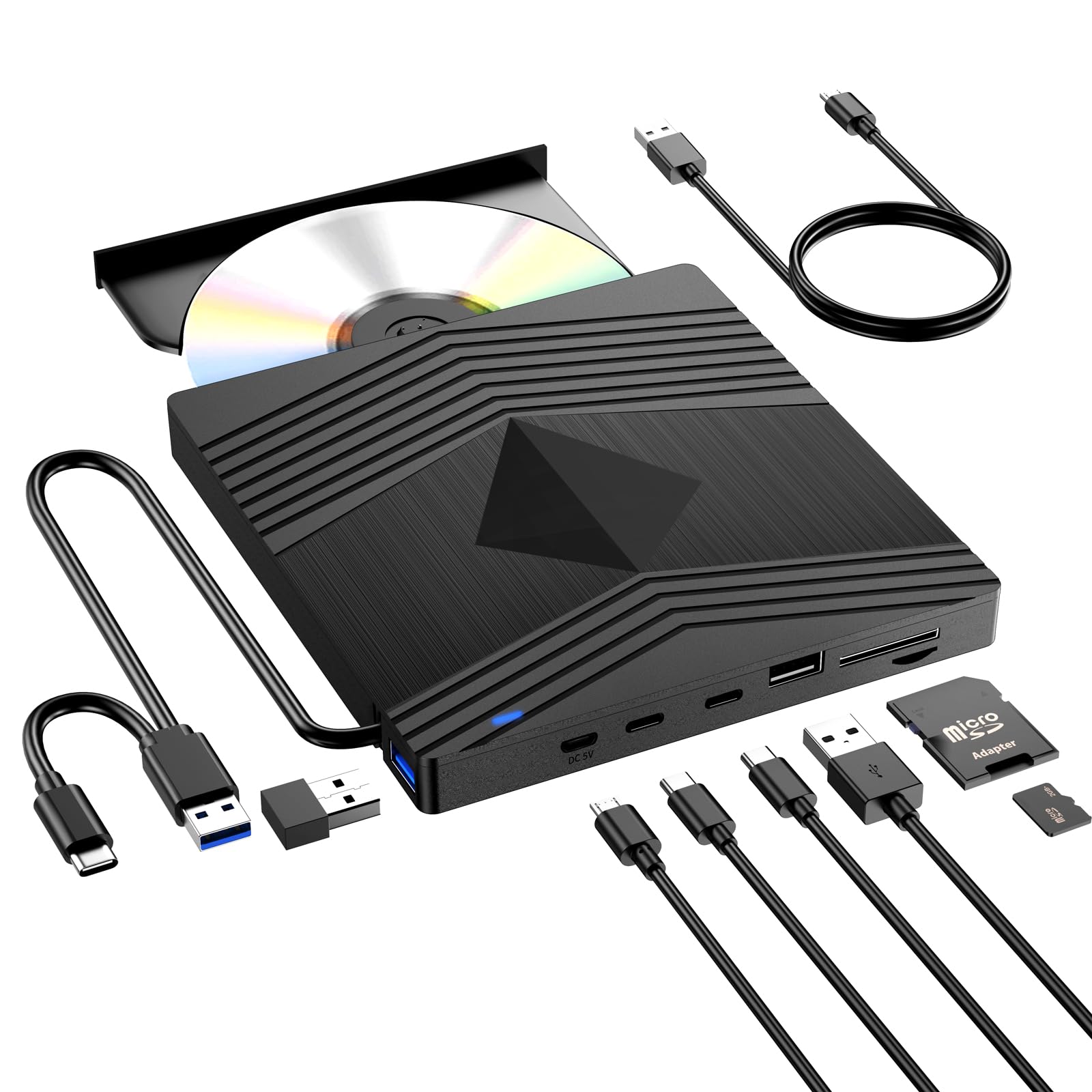 Lector CD/DVD Externo,USB 3.0 Grabadora DVD Externa con Tarjetas SD TF y 2 Puertos USB C Unidades DVD/CD -RW/ROM Externas,Lector DVD Externo para PC Portátil Laptop Windows 11/10/8.1/7 Linux MacOS