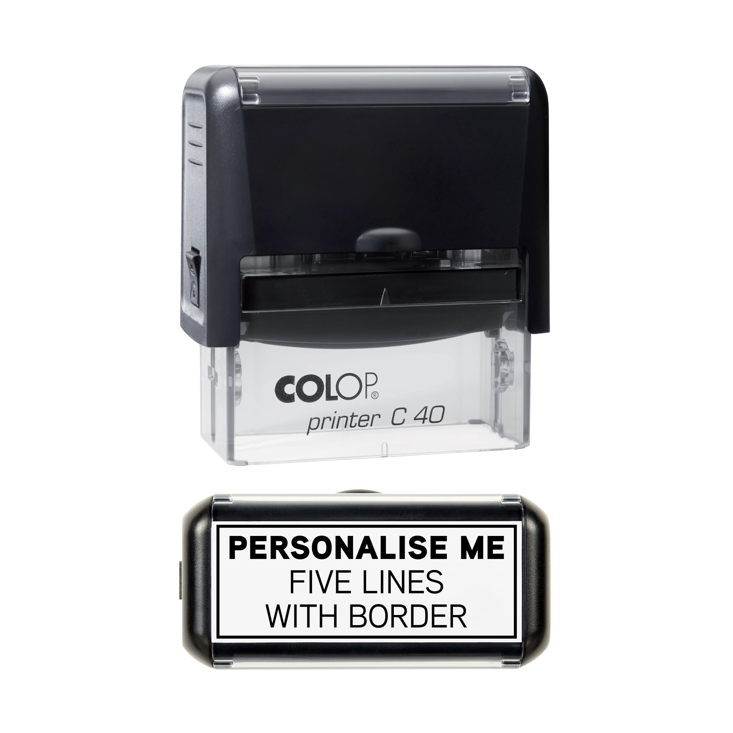 Personalised Custom Made Self-Inking Business Company Address Rubber Ink Stamp - 58mm x 22mm - with Solid Border (Five Lines of Text)