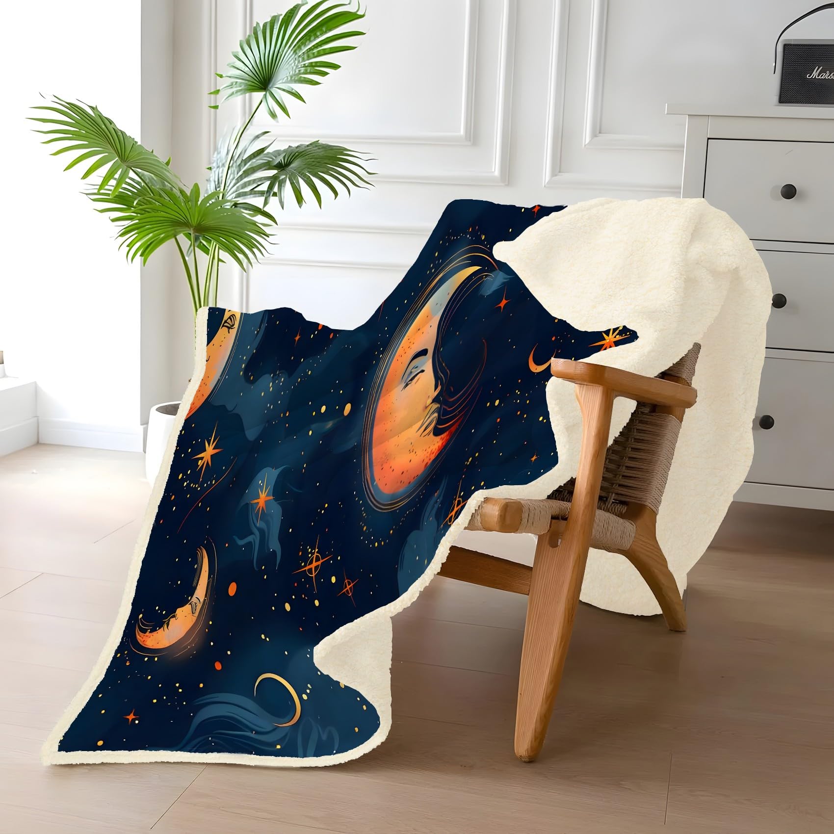 Gelber Mond Fleecedecke 130x150 cm – Extra dick & kuschelweich, Blue Starry Sky Flauschige Decke für Einzelbett, Sofa & Wohnzimmer, Überwurf